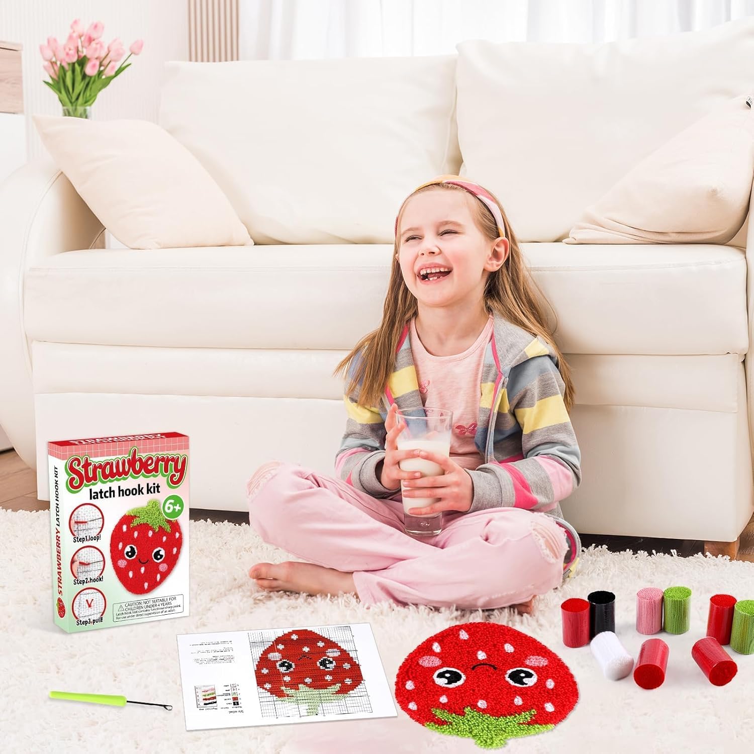 Strawberry Latch Hook Mini Rug Kit Strawberry DIY Valentine Craft for Kids Adults Beginner Making Your Own Crochet Carpet Printed Canvas Yarn Rug Hooking Kit Cross Sewing Christmas Gift for Home Decor