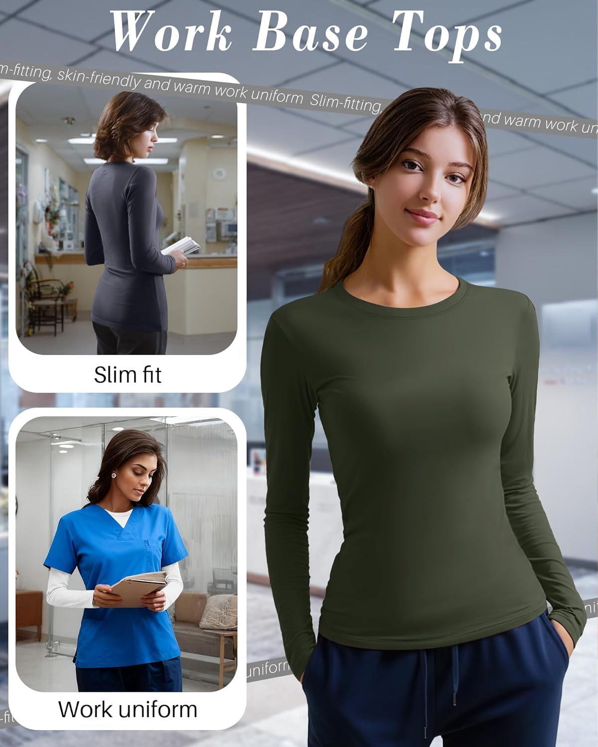 4 Pack Women's Underscrub Shirts Nurse Undershirts Long Sleeve Crewneck Slim Fit Tops Soft Stretchy Basic Tee - Image 4