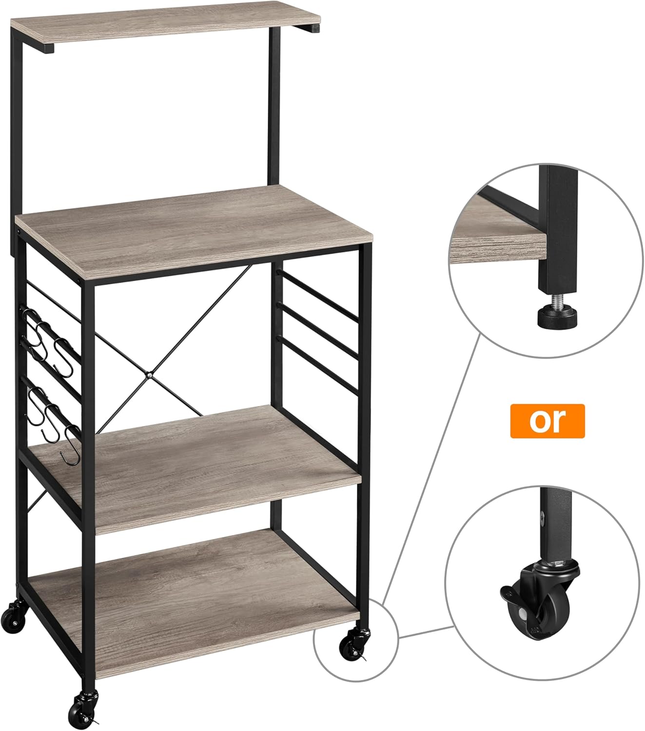 Yaheetech Kitchen Bakers Rack on Wheels(16D x 24W x 50H Inches), Microwave Stand Kitchen Cart, Rolling Coffee Bar Cart with 6 S-Side Hooks and Adjustable Feet, Utility Storage Shelf, Gray