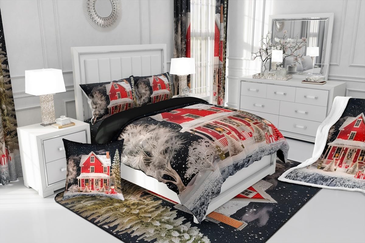Snowman Bedding Set Merry Christmas Themed Duvet Cover Toddler Size for Boys Girls Kids Christmas Tree Winter Themed Comforter Bedspread Cover Happy New Year Bedding