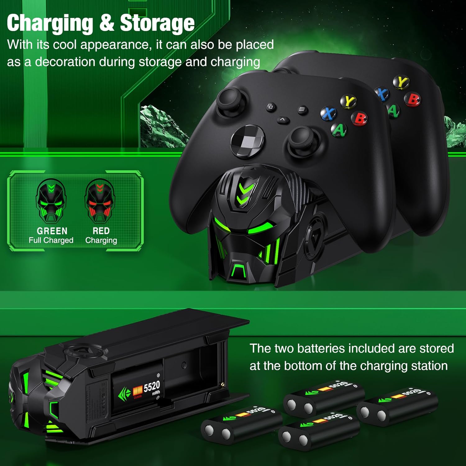 Charger Station Compatible with Xbox Controllers with 4 x5520mWh Rechargeable Battery Pack for X1/X-Series X Controller-Black