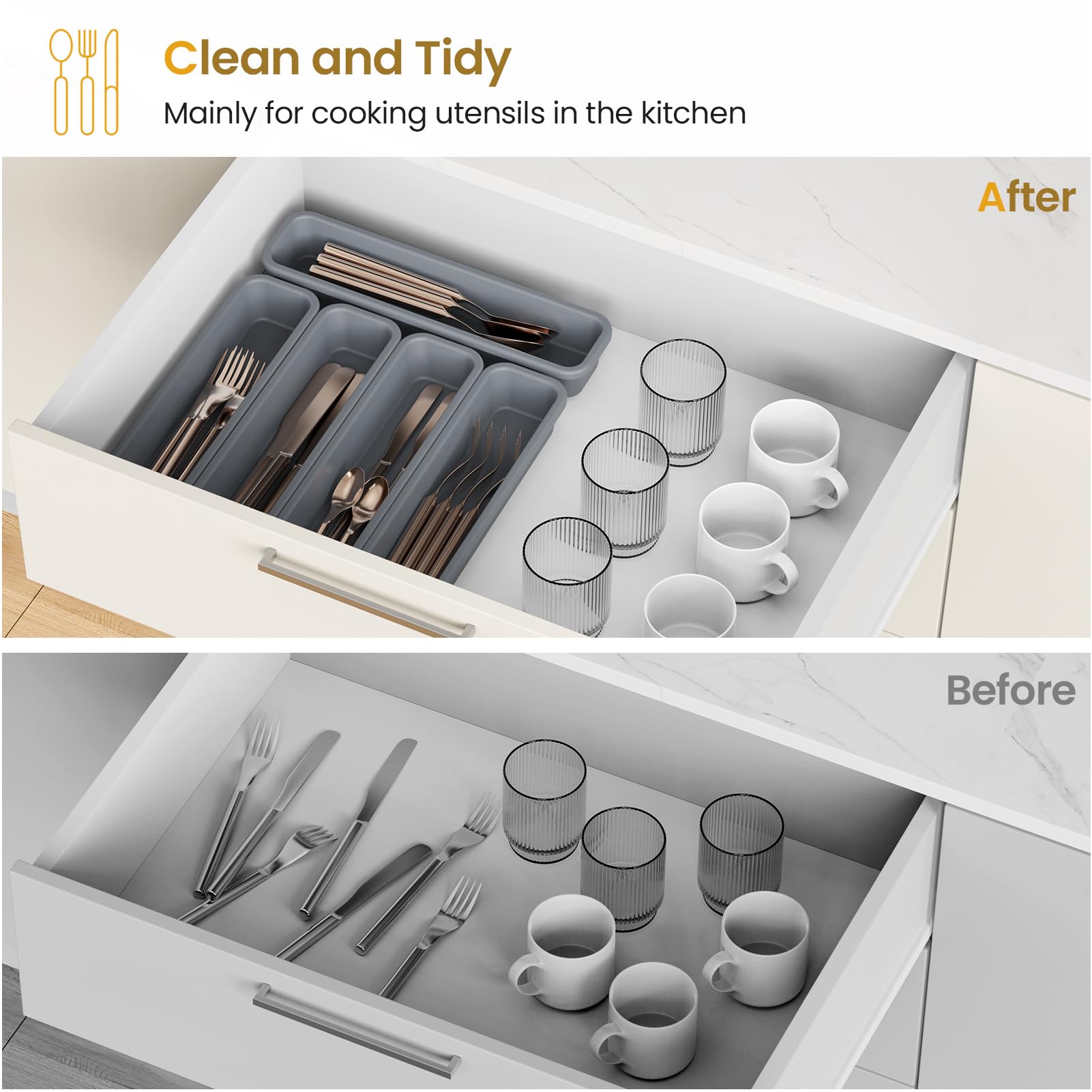 5er-Pack Silikon-Schubladen-Organizer für die Küche, DIY-freie Kombination Besteck-Organizer, Utensilien-Schubladen-Organizer, feuchte- und hitzebeständig bis zu 200°C, rutschfestes Design