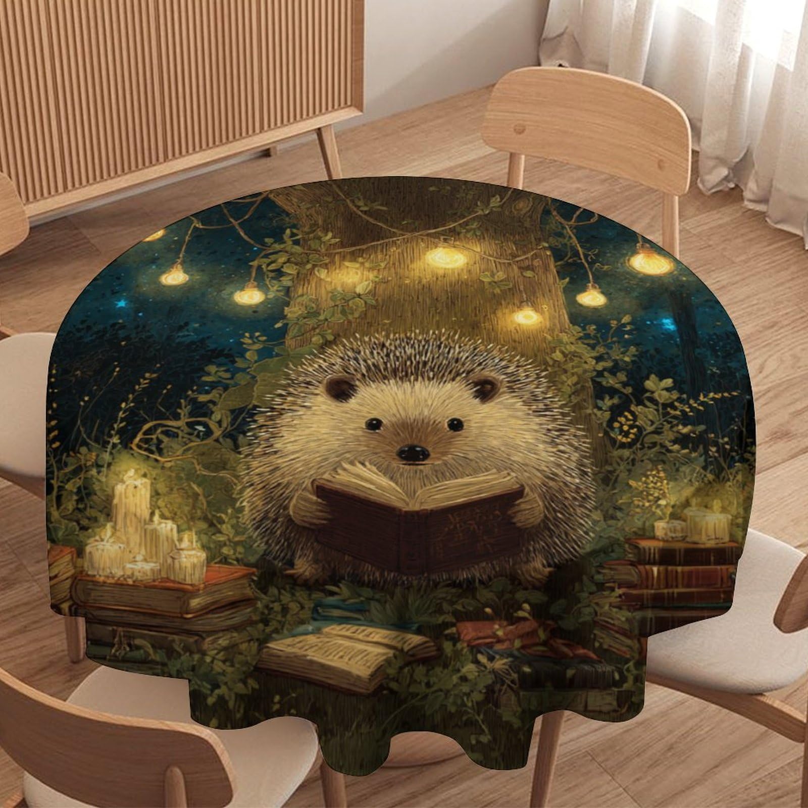 LUYYSKY Beautiful Realistic Hedgehogs Waterproof Round Tablecloth Classic Anime Plants Trees Animals Hedgehogs Books Pattern Washable Table Cover for Kitchen-177.8" Wx177.8 L cm