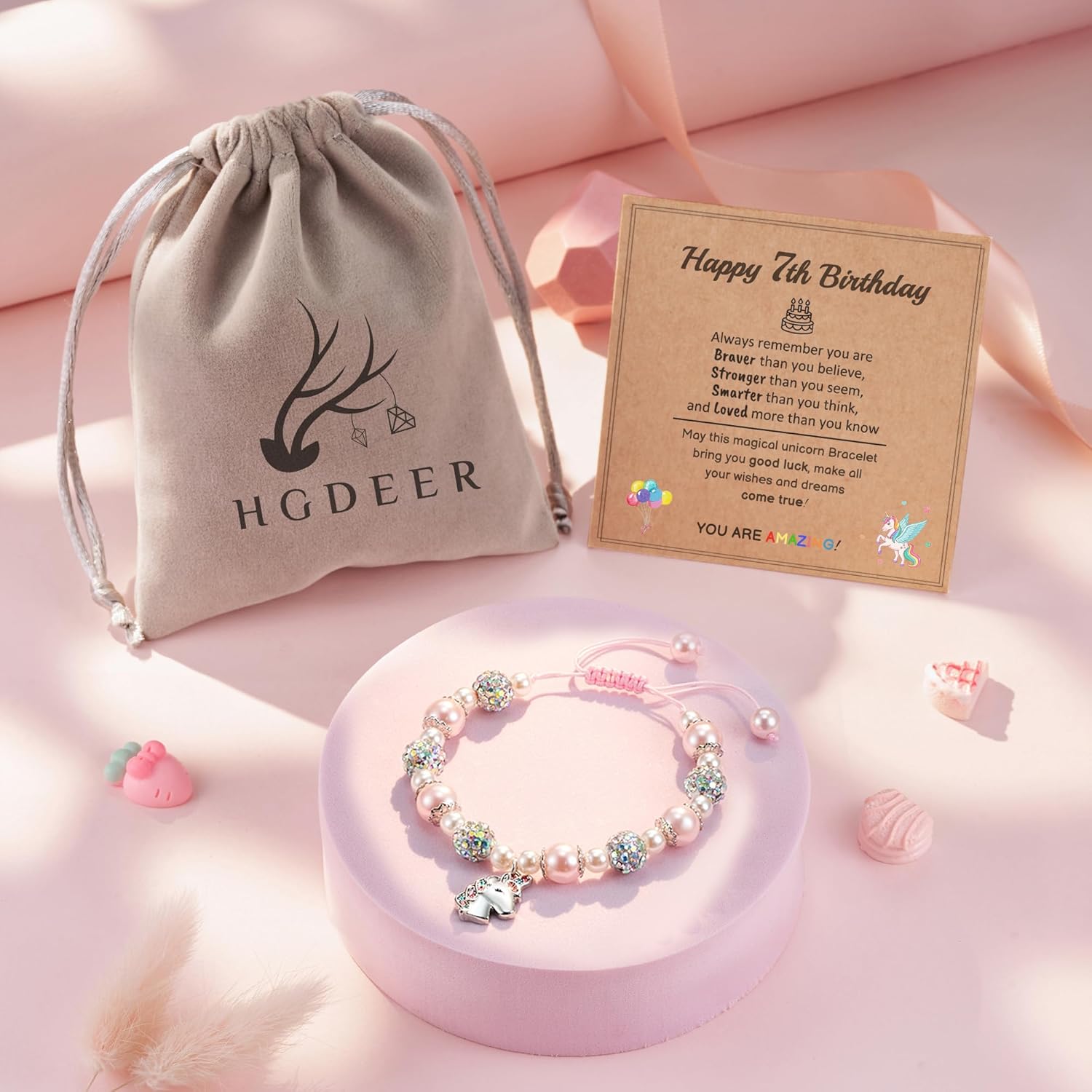 HGDEER Adjustable Pink Pearl Unicorn Charm Bracelet for Girls Daughter Granddaughter Niece, Unicorn Birthday Christmas Graduation Gifts for Girls - Image 5
