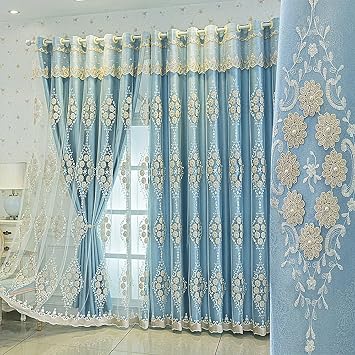 Amidoudou 1 Pair European Double Layer Curtains with Valance for Living Room Bedroom 3D Flower Embroidered Curtains Blue,51x84 Inch