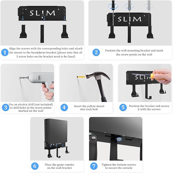Wall Mount for PS4 Slim, PS4 Slim Wall Mount with Detachable 2 Controller Holder & Headphone Hanger, Metal Stealth Stand for Playstation 4 Slim