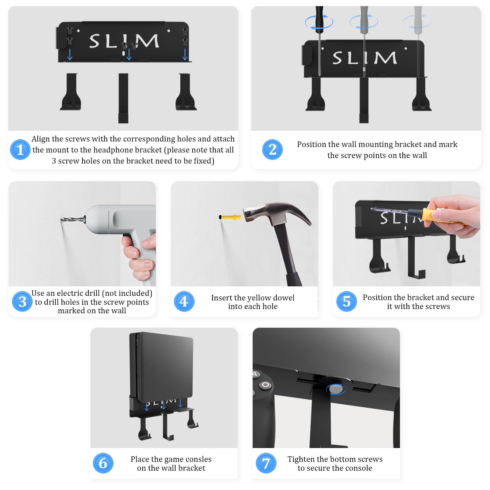 Wall Mount for PS4 Slim with Detachable 2 Controller Holder & Headphone Hanger, Metal Stealth Wall Mount Stand for Playstation 4 Slim