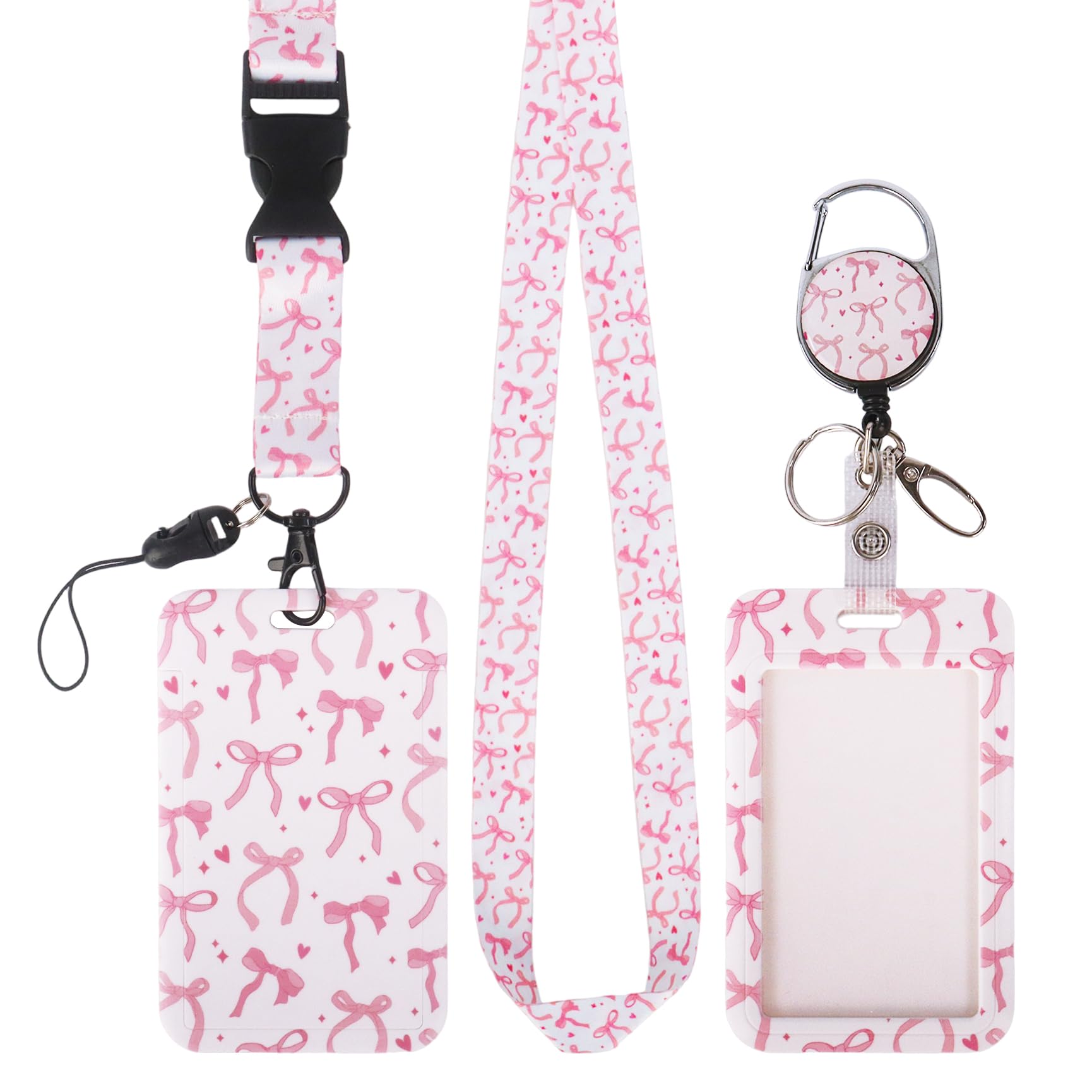 Badge Holder with Retractable Reel Clip and Lanyard Pink Bow Teacher Lanyard with ID Holder Durable ID Card Holders for Women Girls Teacher Nurse