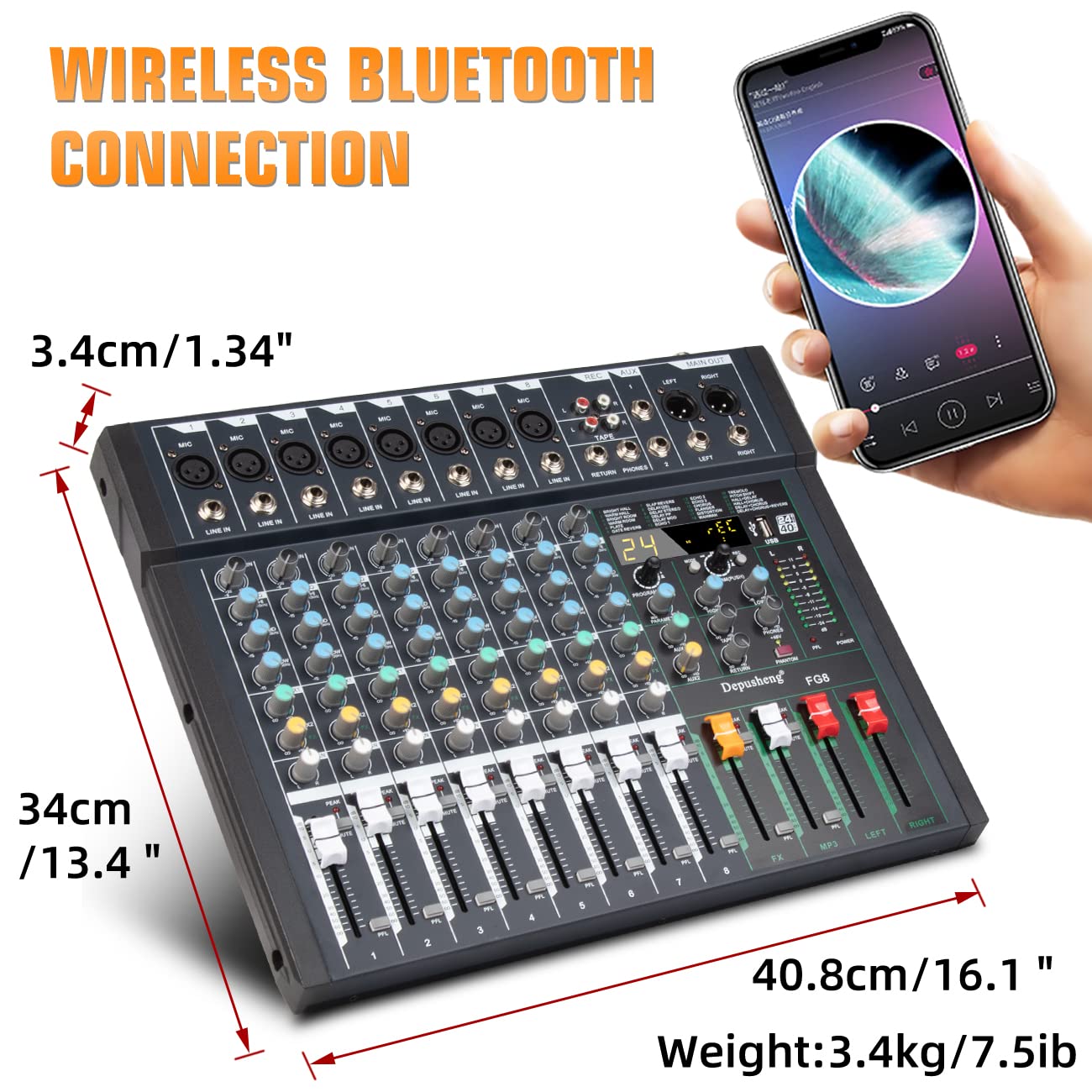 Depusheng FG8 Table de mixage audio professionnelle 8 canaux pour enregistrement sur ordinateur Interface de contrôleur de son 24 effets DSP intégrés avec alimentation fantôme 48 V, MP3, Bluetooth