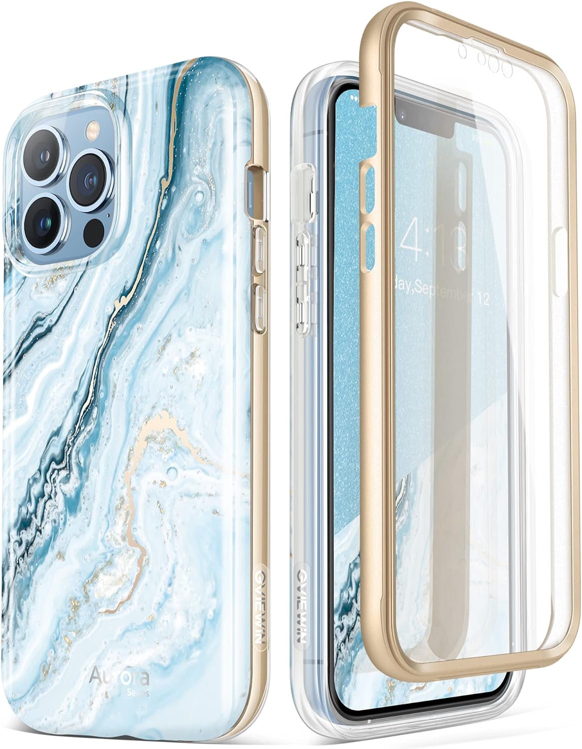 GVIEWIN Case Compatible with iPhone 13 Pro Max 6.7 Inch, [Built-in Screen Protector] [Full Body] Marble Case Shockproof Protective Slim Fit Dual-Layer Phone Cover 2021 (Seasalt/Blue)