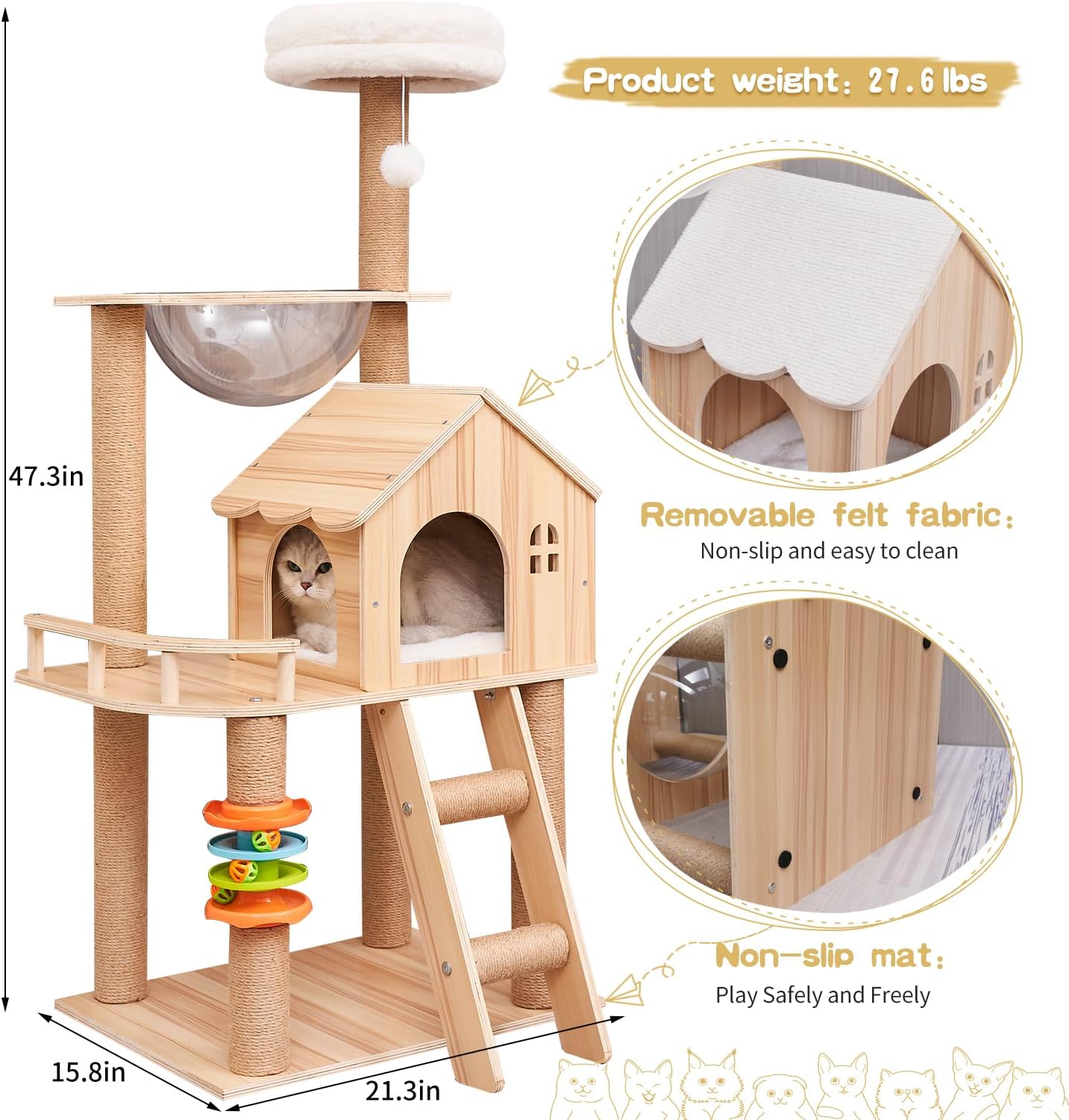Cat Tree, Wood Cat Tree Tower for Indoor Cats, 47.3" Modern Cat Tower with Sisal-Covered Scratching Posts and Top Perch，Cat Condo with Acrylic Hammock for Small Large Cats