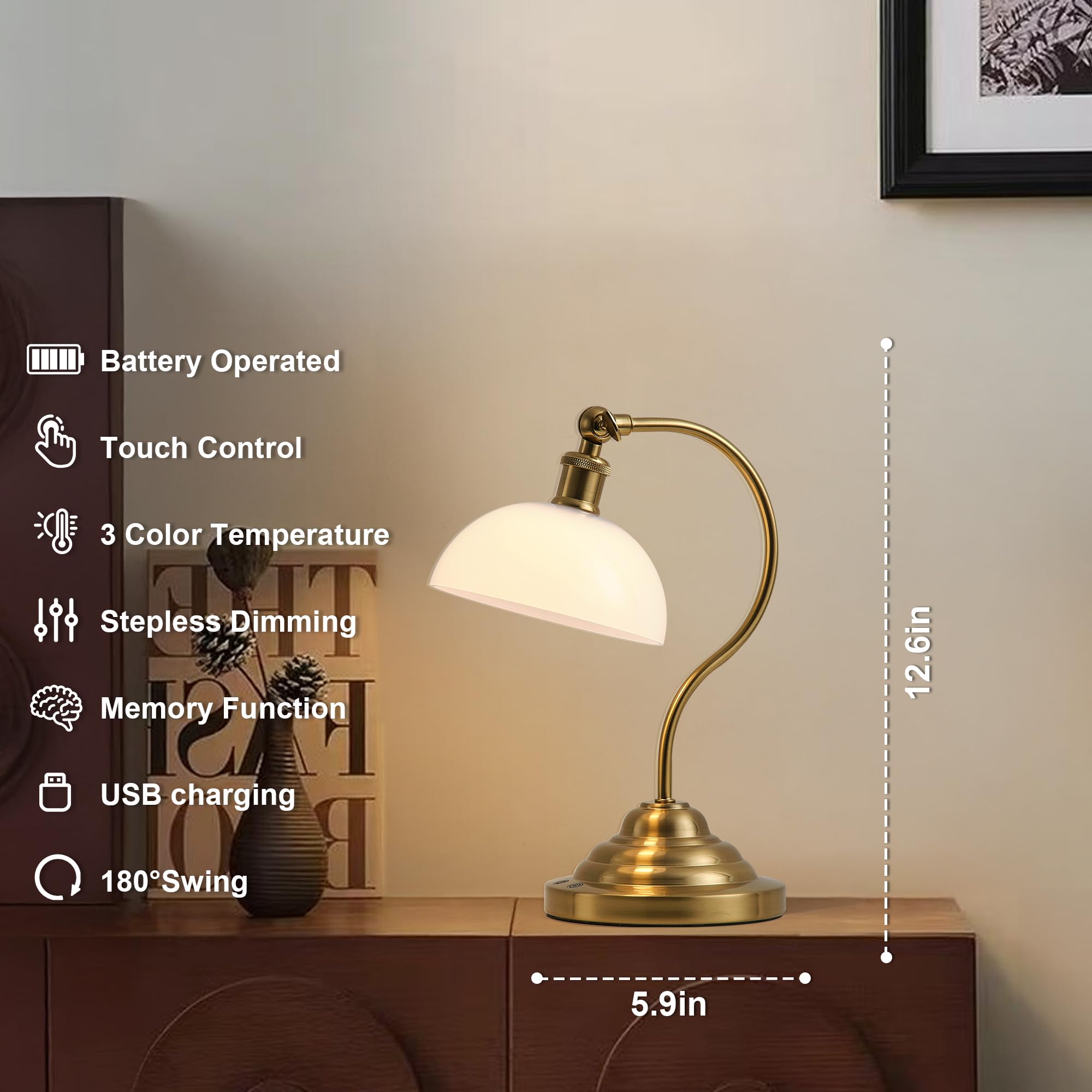 KARTOOSH Cordless LED Table Lamp, 180° Swing Arm Desk Lamp, Battery Operated,Dimmable/3 Color, Vintage Rechargeable Table Light for Living Room,Bedroom,Bedside, White Shade, Brass