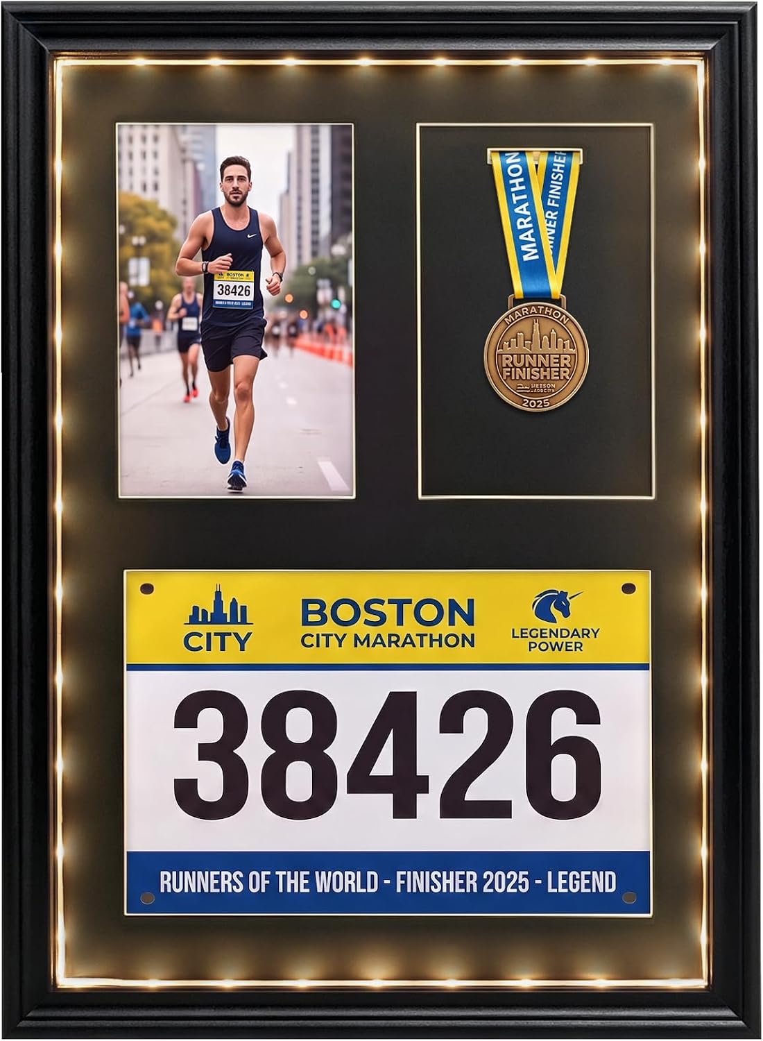 LED Marathon Medal Display Case 18“x13” Shadow Box Frame with 2 Mat Options | Wooden running awards holder with warm USB light for horizontal certificate or vertical race bib home gym or office wall.