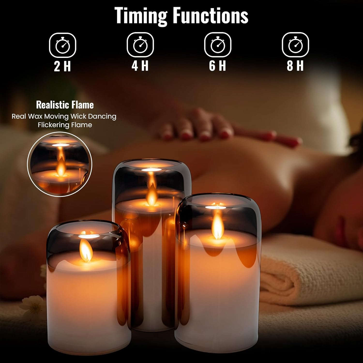 WYZworks LED Mirrored Glass Round Hurricane Pillar Flameless Candles, Real Wax Realistic Wick Flickering Flame, Battery Operated (Included), Remote & Timer (Set of 3, Silver Gray Metallic)