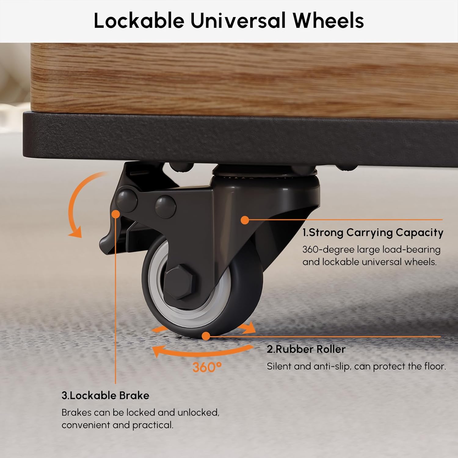 jarak dekat view of the lockable universal wheels on the Homary Lift-Top Coffee Table, highlighting their 360-degree rotation and brake mechanism.