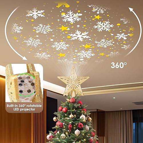 Miniatura 10 de Decoración para árbol de Navidad, estrella iluminada con luz LED giratoria de estrella, estrella dorada con purpurina 3D, luces de proyector de