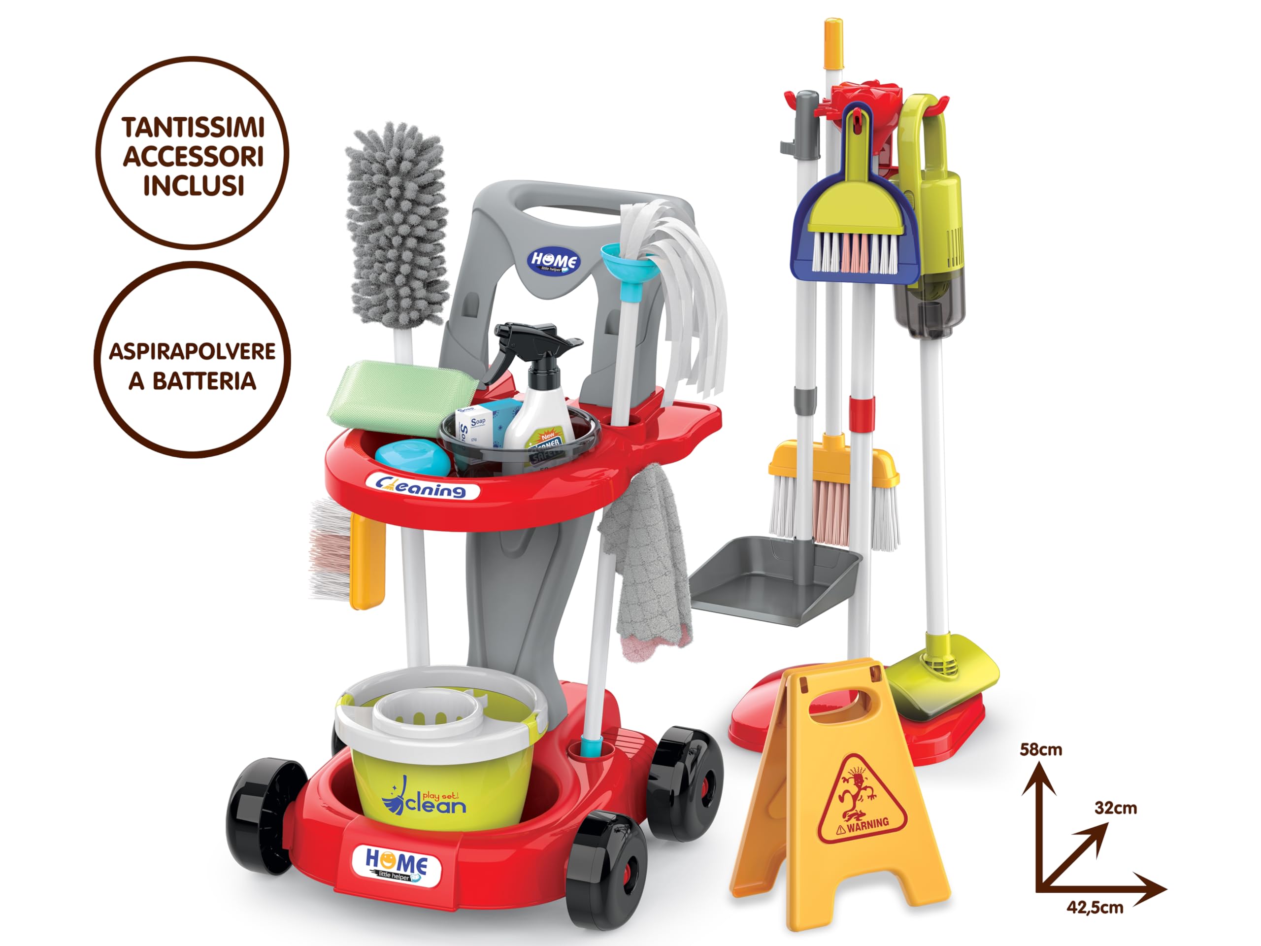 Teorema Giocattoli, Wagen für Kinder mit Werkzeugständer, komplettes Reinigungsset mit funktionierendem Akkusauger, Besen, Mopp und viel Zubehör, Nachahmungsspiel, 58 cm