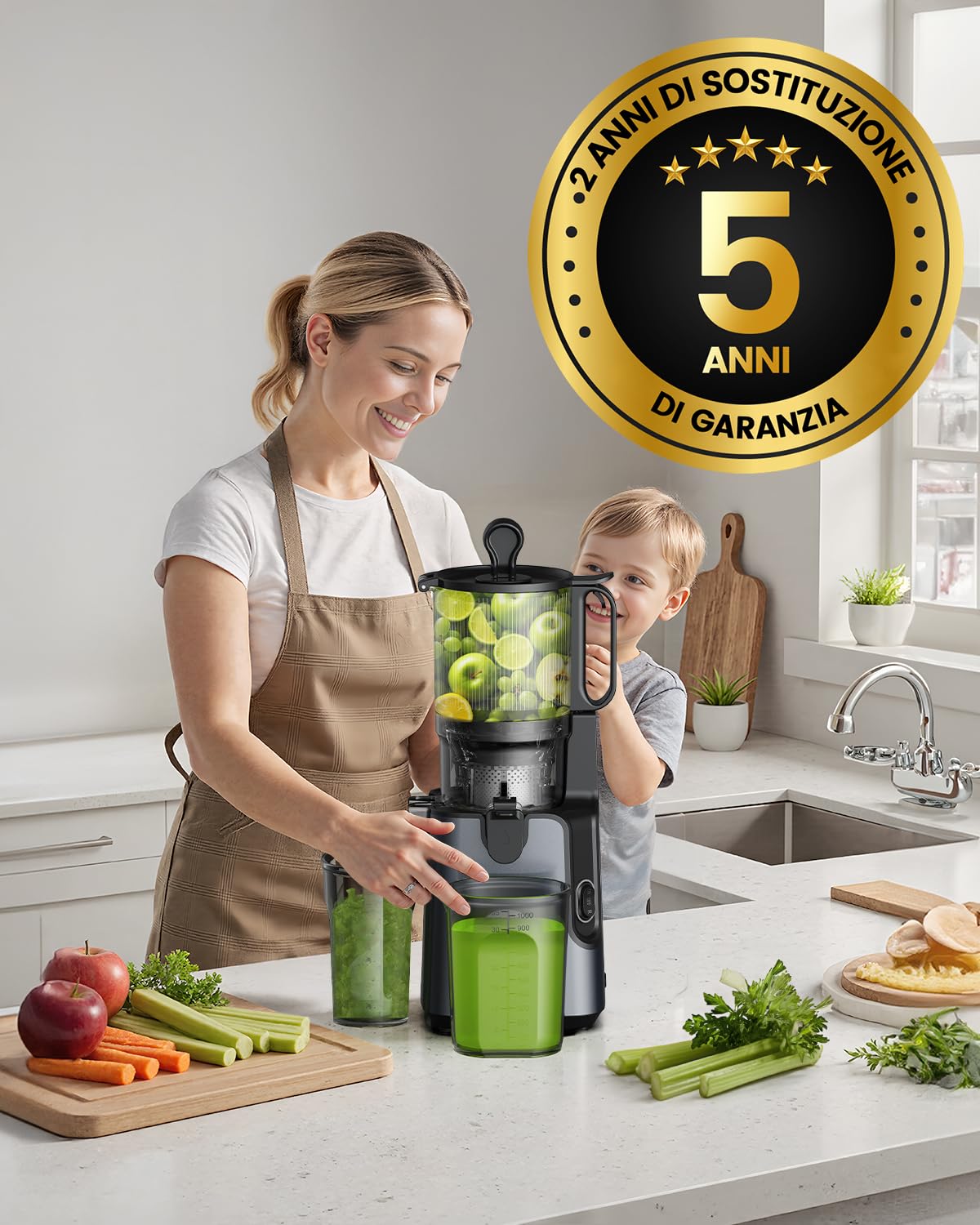 Slow Juicer, spremiagrumi da 130 mm e contenitore da 1,8 l, spremiagrumi a freddo per frutta e verdura intera, facile da installare e pulire, senza BPA