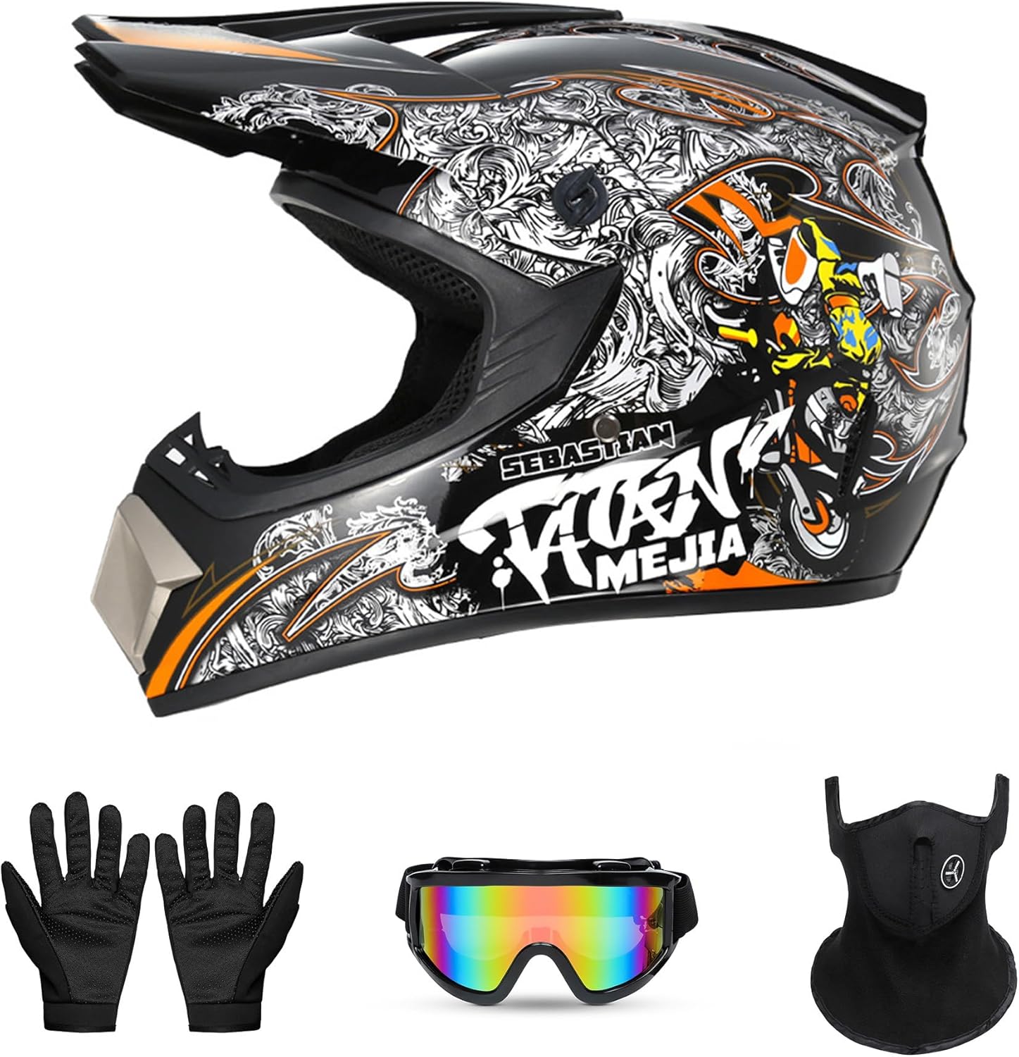 Youth Sport Full-Face Helmet for BMX, Mountain Bike & Off-Road Motocross Helmet, DOT Certified Motorcycle Helmet for Dirt Bike & ATV, Lightweight and Comfortable, 4-Piece Set
