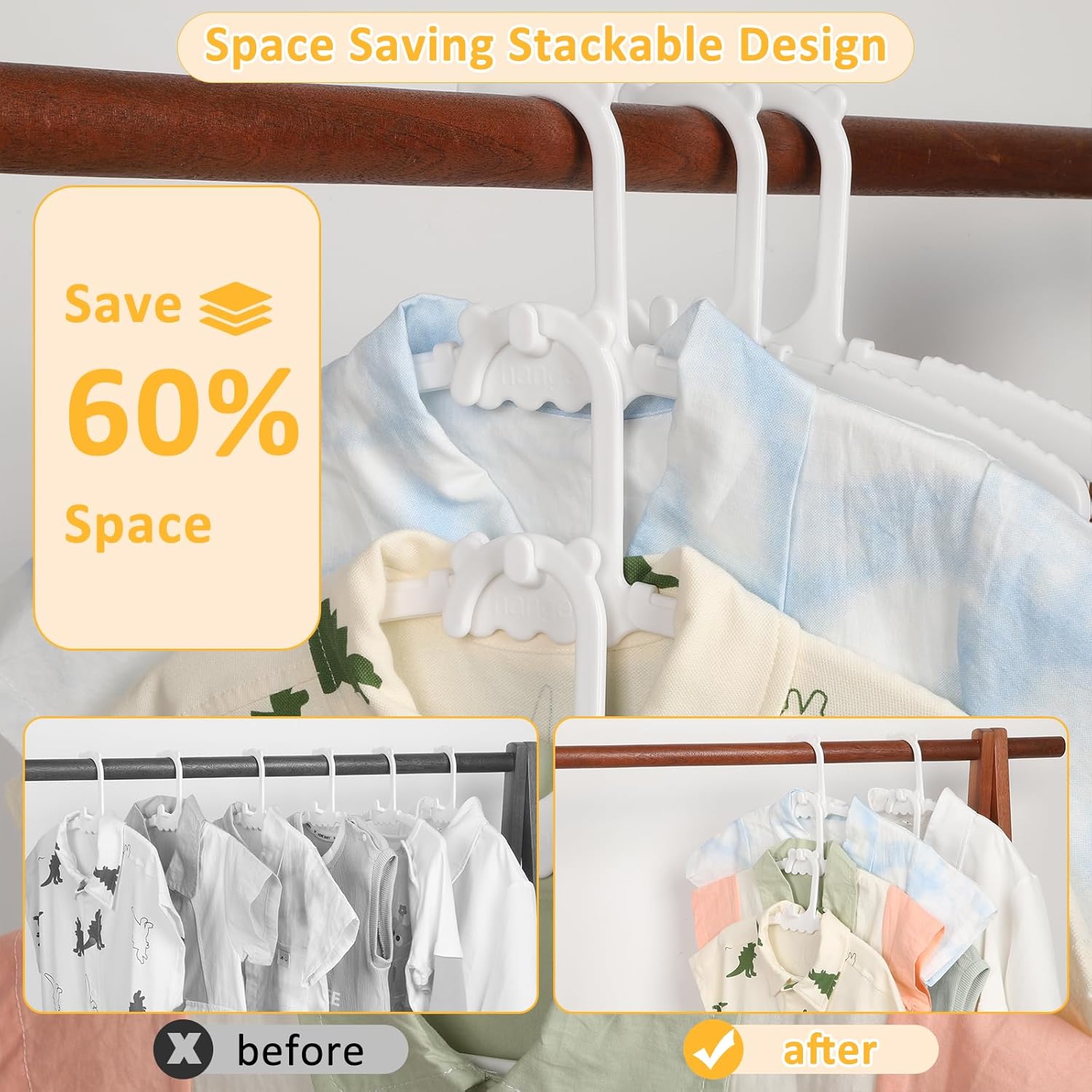 50 Pack Baby Clothes Hangers with 16 Clips, 11-15 inch Adjustable Kid Hanger, Multifunctional Children Hanger for Girl Boy Toddler Kids Child(White) - Image 4