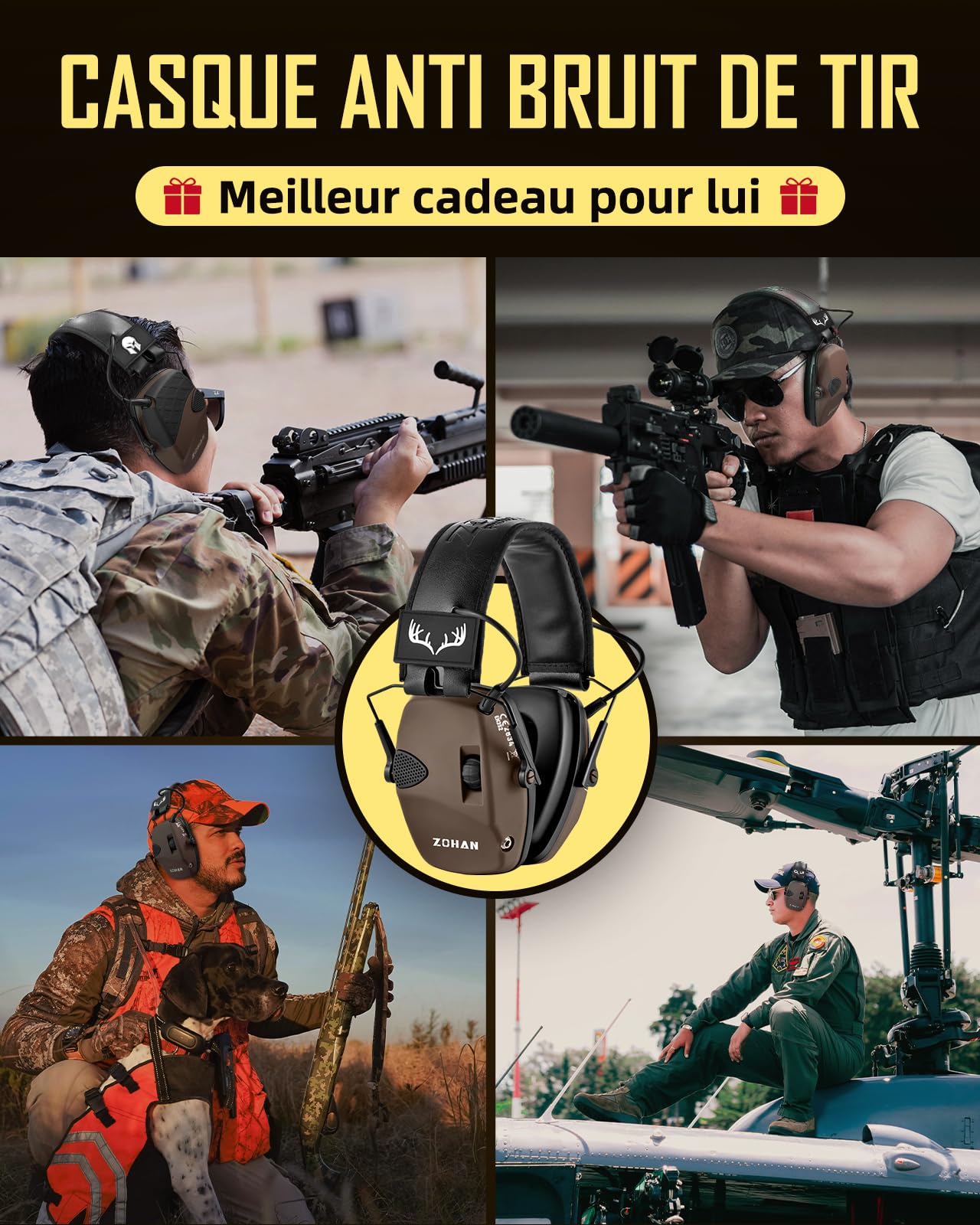 ZOHAN 054 Casque Anti Bruit de Tir Electronique avec 4 patch Protection auditive electronique Casque antibruit Reduction du bruit Amplification du son Casque antibruit pour la chasse Tir SNR 27dB