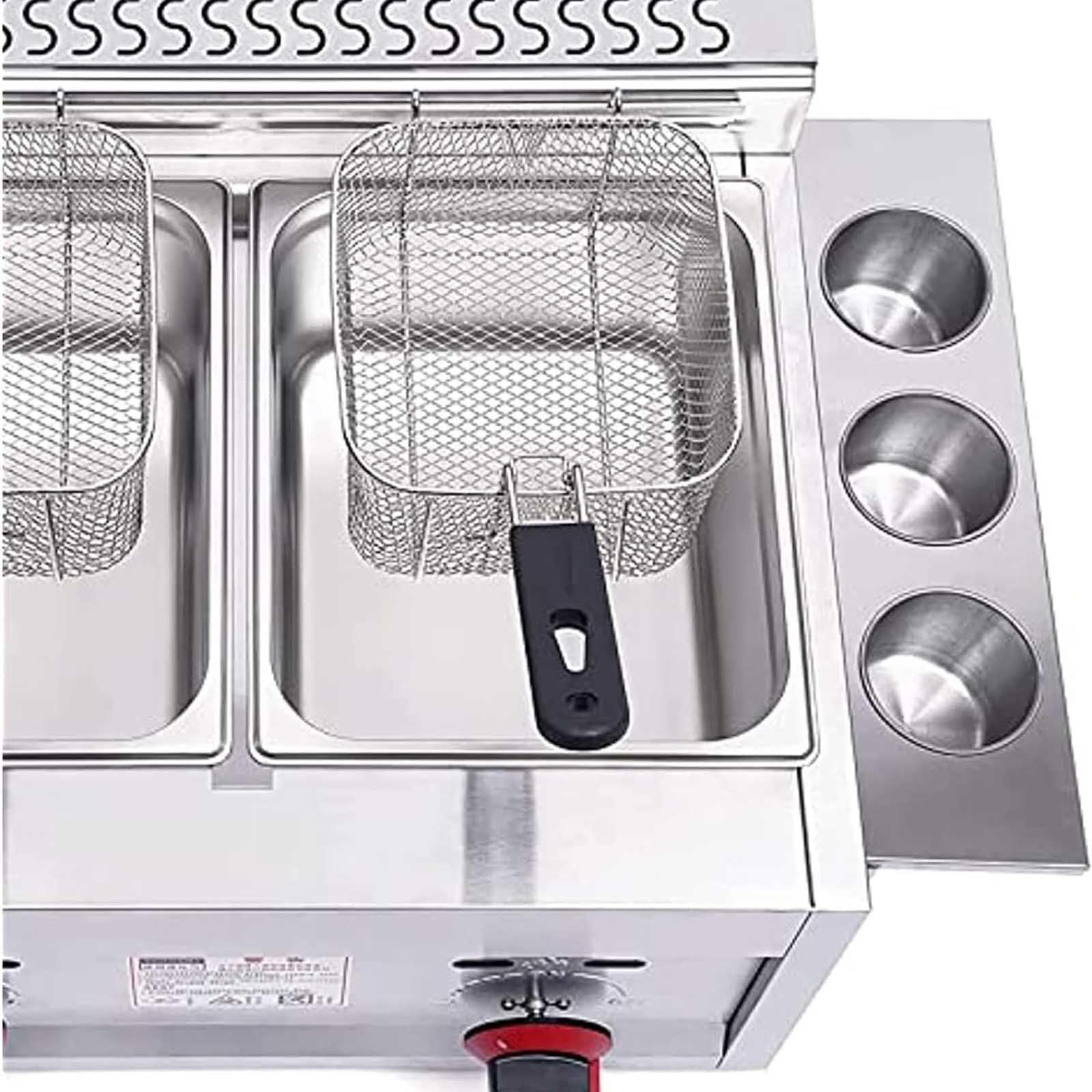 Freidora de gas comercial, grande, acero inoxidable, control de temperatura independiente, con cestas y tapa, para restaurante, hogar, cocina