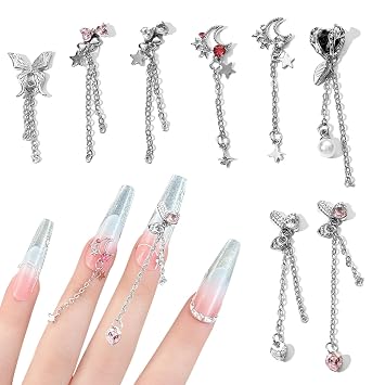 WOKOTO 8 Pcs 3D Dangle Nail Charms with Chains - Butterfly, Heart, Bow, Moon Nail Art Charms - Alloy Nail Gems for Acrylic Nails Butterfly Bow Heart Charms for Nails Design Charms Jewelry Decorations