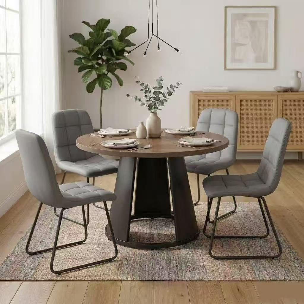 HIPIHOM 47.2” Round Dining Table Set for 4 Modern Wood Table with 4 Upholstered Leather Chairs, Metal Pedestal Base, Space-Saving Kitchen & Dining Furniture for Small Apartments and Compact Spaces