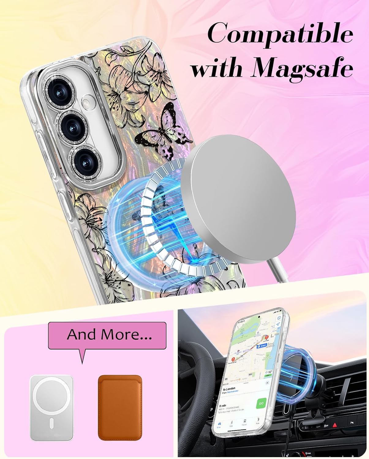 Toycamp for Samsung Galaxy S25/S24 Case - Compatible with Magsafe Aesthetic Cute Holographic Galaxy S25 Case with Diamond Bling Lens Protector for Samsung S24 Cover for Women Girls, Lily Butterfly image 3