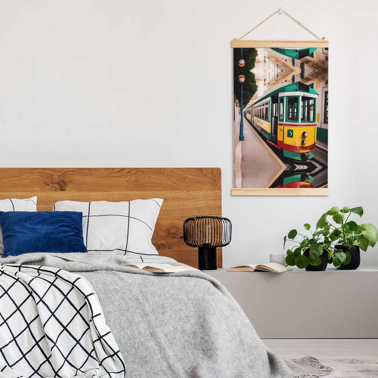 Lisbon Tram Pattern Print Poster Hanger,Hanging Poster, Poster Frame,Wood Poster Hanger, For Wall Hanging