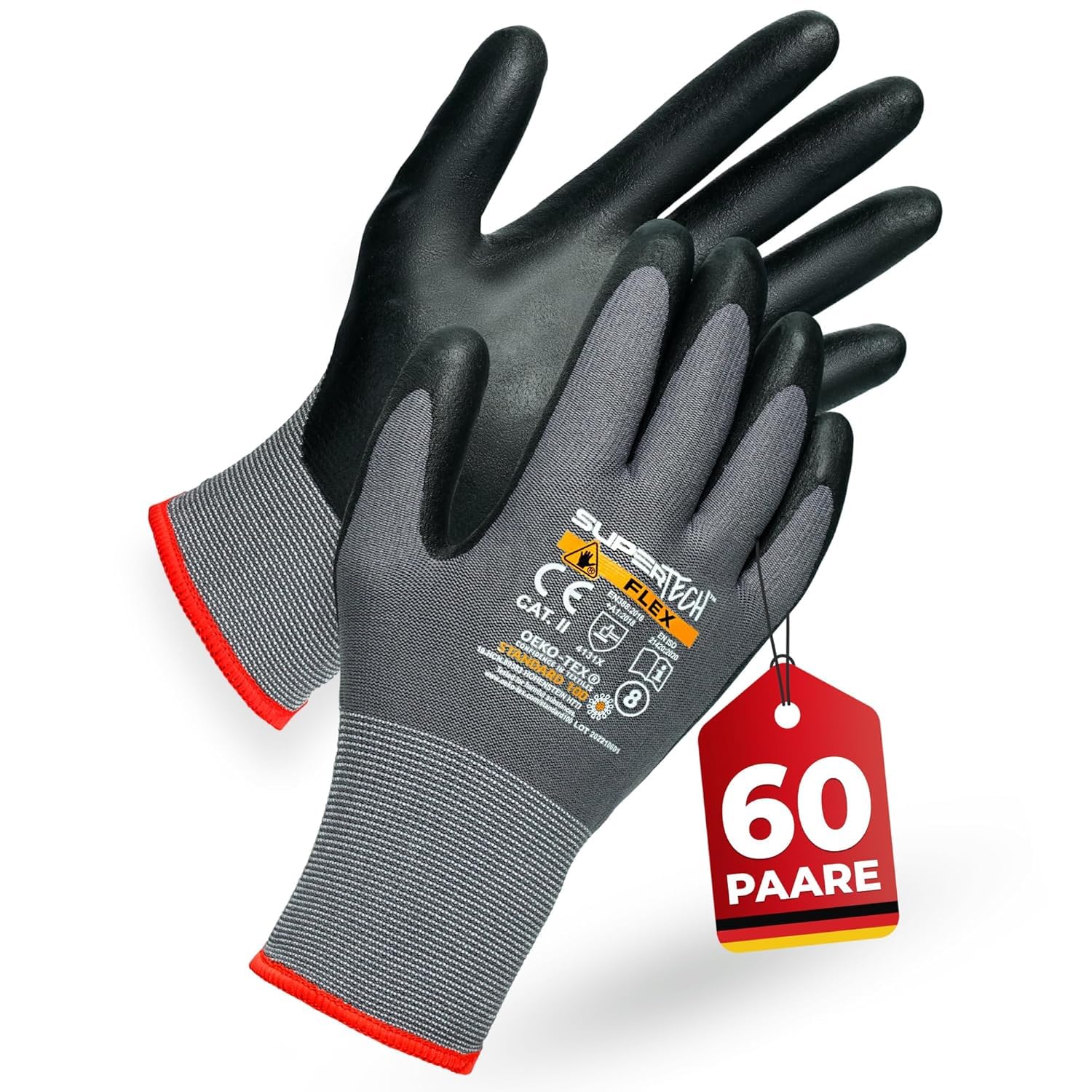 60 Paare Arbeitshandschuhe Herren Größe 8-M | Arbeitshandschuhe mit Rutschfeste Nitril, Beschichtung , Robust und Abriebfest Handschuhe Arbeitshandschuhe