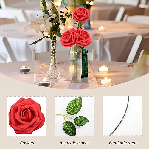 Miniatura 3 de Flores artificiales, rosas blancas, rosas falsas de espuma de aspecto real con hojas y para ramos de boda, centros de mesa de despedida de soltera,