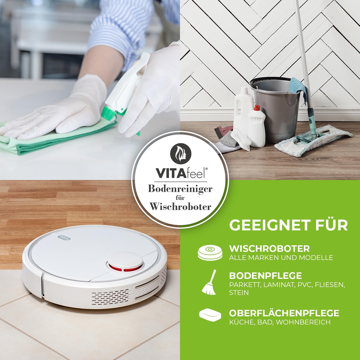 Limpiador de suelos para todos los robots limpiadores – Limpiador extremadamente completo – sin rayas, bajo en espuma y secado rápido – ideal para laminado, azulejos, parqué, PVC – VitaFeel (5 litros