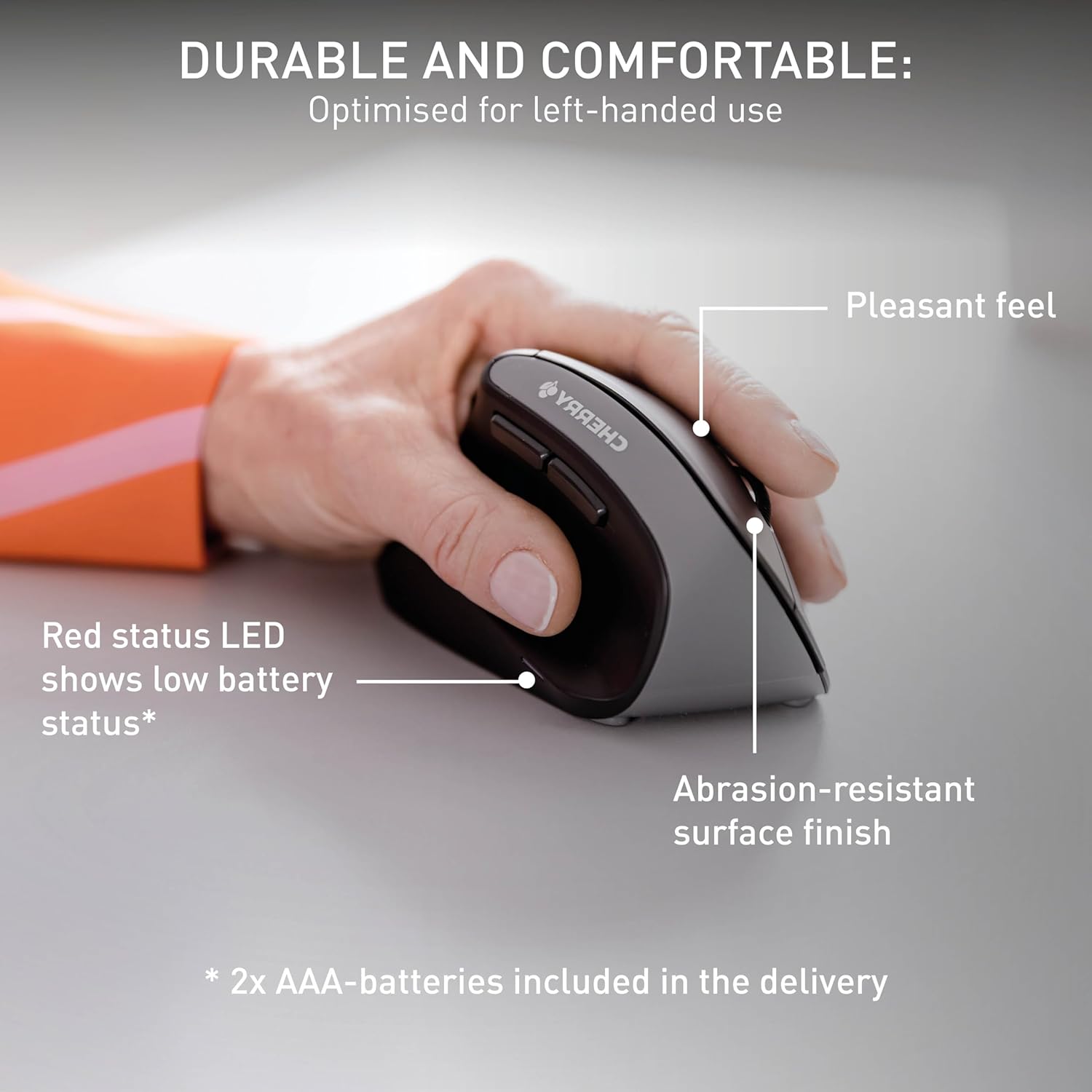 Cherry MW 4500 - Ergonomic Wireless Mouse - Left-Handed - 1200 dpi - Thumb Buttons - Extra Small Nano Receiver, Black (JW-4550)