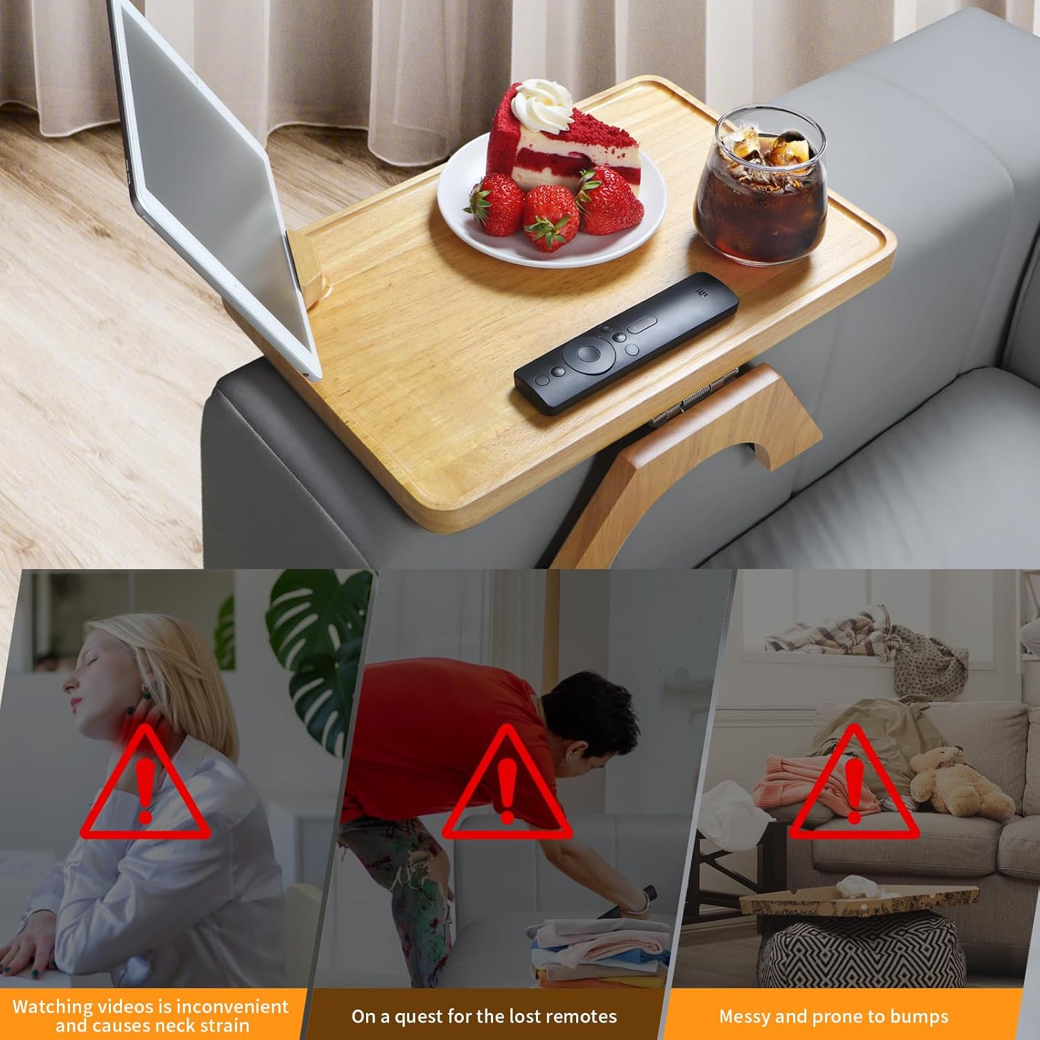 Upgrade 15x9.9 Couch Arm Table Tray for Sofa, Center Console Armrest Clip Table for Car, Wooden, Foldable, Large Space for Eat/Drink/Snack/Remote Control, with 360° Rotating Phone Holder on Left/Right
