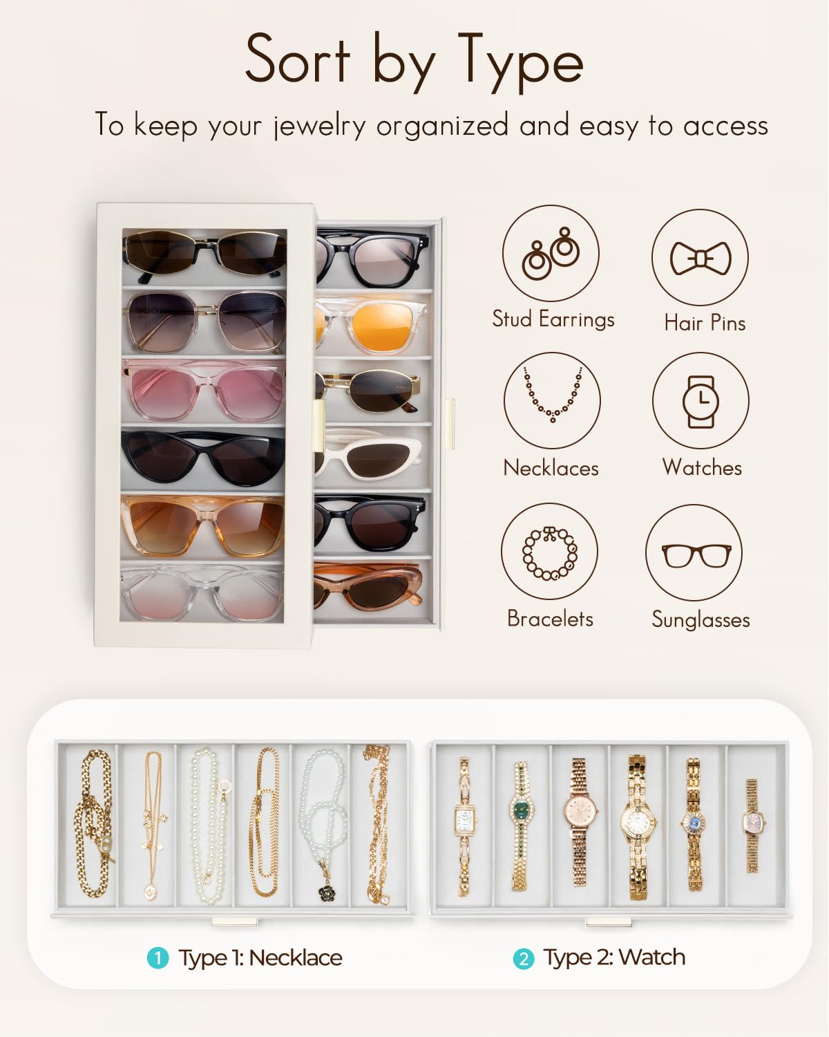 VLANDO Sonnenbrillen Aufbewahrung 2 Etagen, Brillen Aufbewahrungsbox mit Transparentem Glasdeckel für 12 Brillen, Sonnenbrillen Organizer zur Aufbewahrung Mehrerer Brillen, Beige