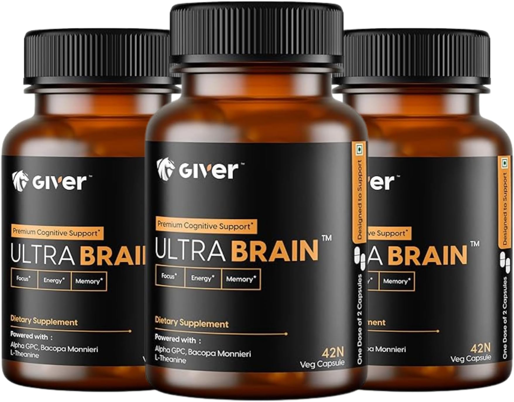 Giver Nutrition Ultra Brain Natural Nootropic Brain Booster Supplement - Alpha GPC, Bacopa Monnieri, L-Theanine, Phosphatidylserine, Pterostilbene | Supports Focus, Memory & Clarity- 42 Veg Capsules (3)