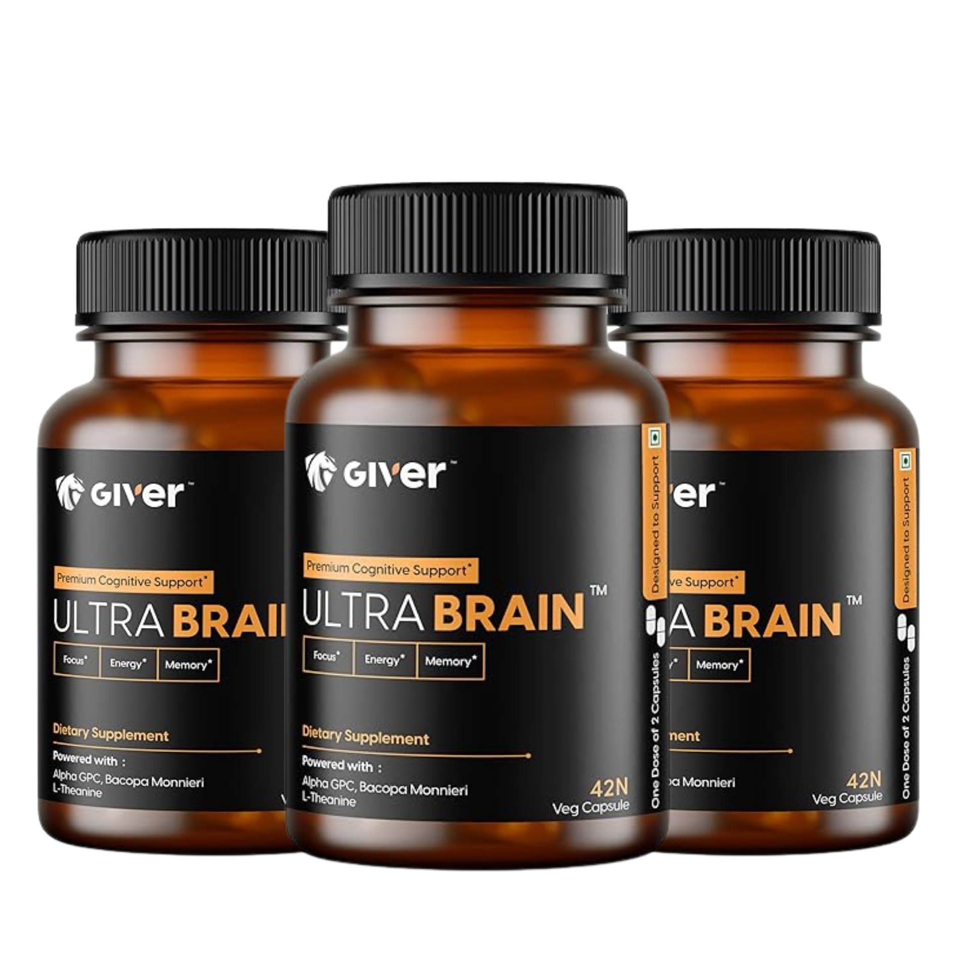 Giver Nutrition Ultra Brain Natural Nootropic Brain Booster Supplement - Alpha GPC, Bacopa Monnieri, L-Theanine, Phosphatidylserine, Pterostilbene | Supports Focus, Memory & Clarity- 42 Veg Capsules (3)