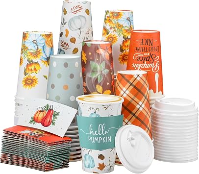 36 Sets/ 108 Pcs Fall Thanksgiving Paper Cups with Lids and Sleeves 16 oz