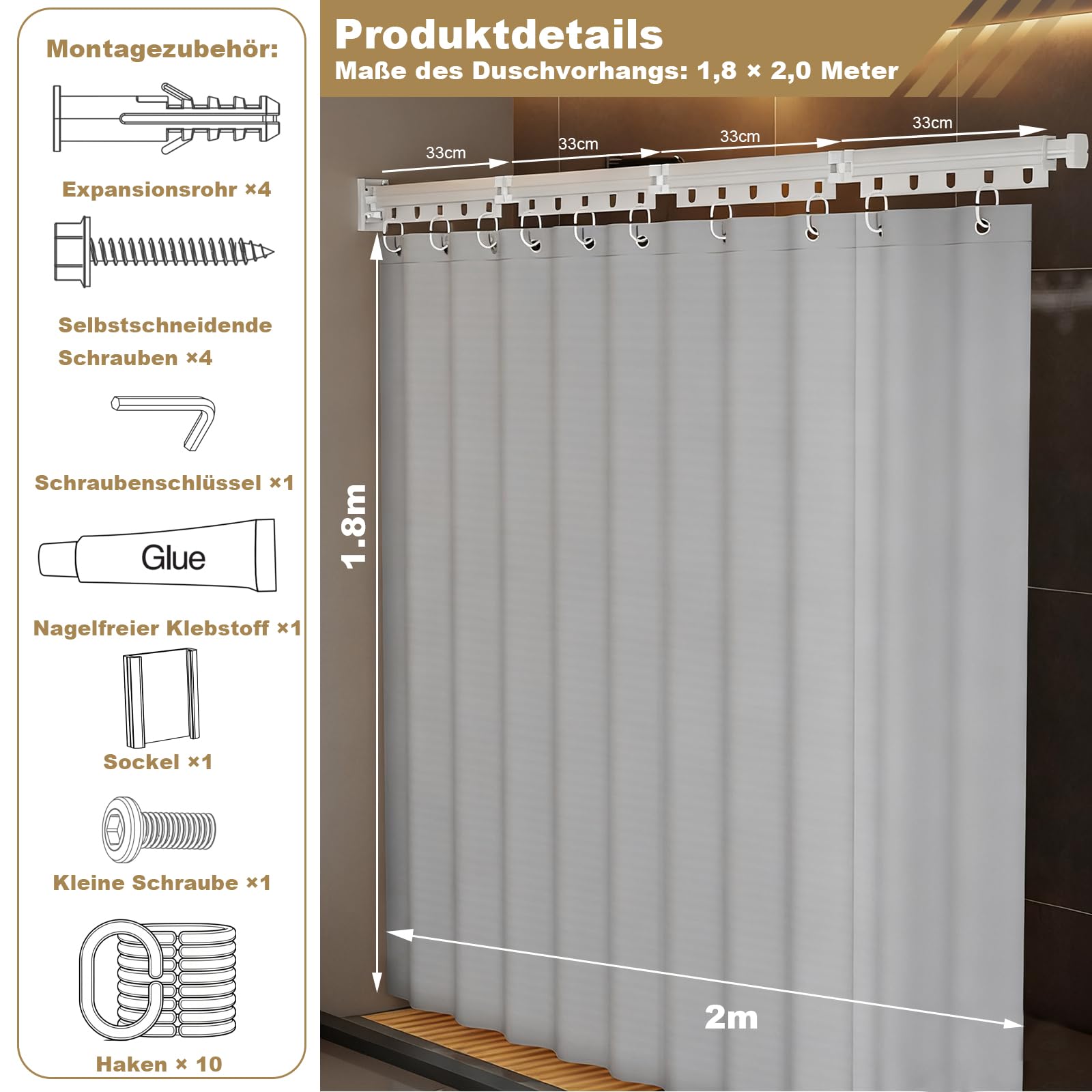 Barra de cortina de ducha plegable sin necesidad de taladrar, plegable en 4 posiciones y giratoria, aleación de aluminio, con 180 x 200 cm, cortina de ducha impermeable antimoho, para baño (blanco