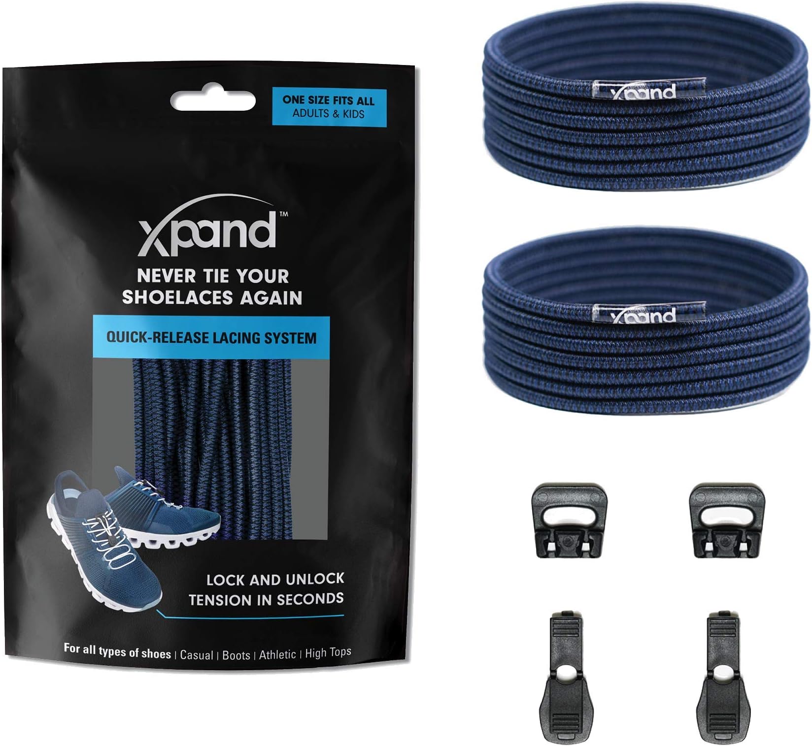 Xpand Round Lacing. Elastic No Tie Shoelaces - Quick Release Tension Control - One Size Fits All Adult and Kids Shoes