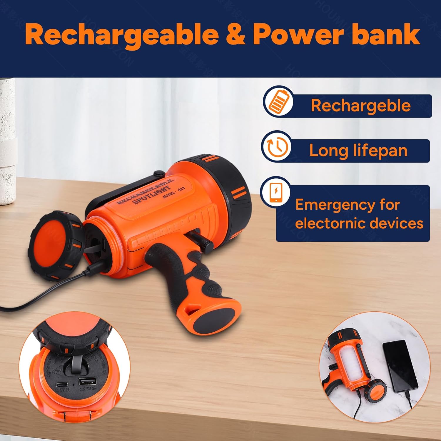 Rechargeable Floodlight, Super Bright 100000 Lumens LED Flashlight Rechargeable, Handheld Long Lasting Flood Side Light, Large Rechargeable Flashlight for Camping, Hunting and Emergencies