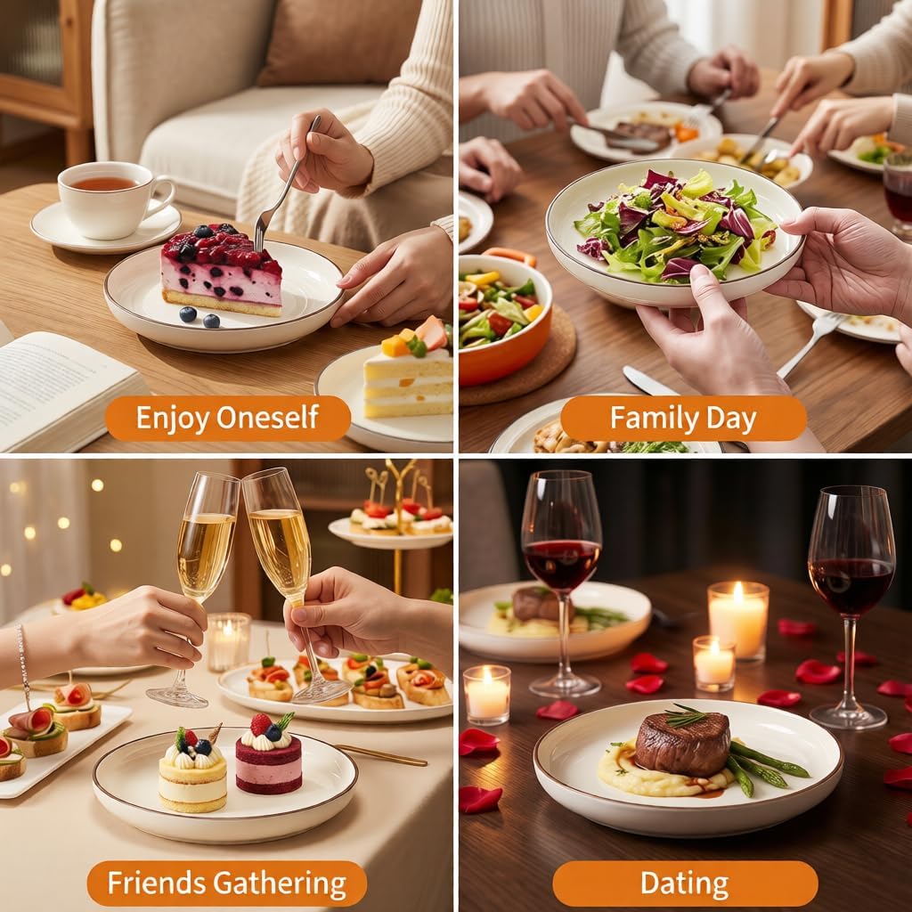 8 inch Salad Plates Set of 6, Small Ceramic Dinner Plates with Dark Brown Rim, 16.9 oz Round Dishes for Lunch, Appetizer, Dessert, Pasta, Steak, Farmhouse Style, Microwave & Dishwasher Safe