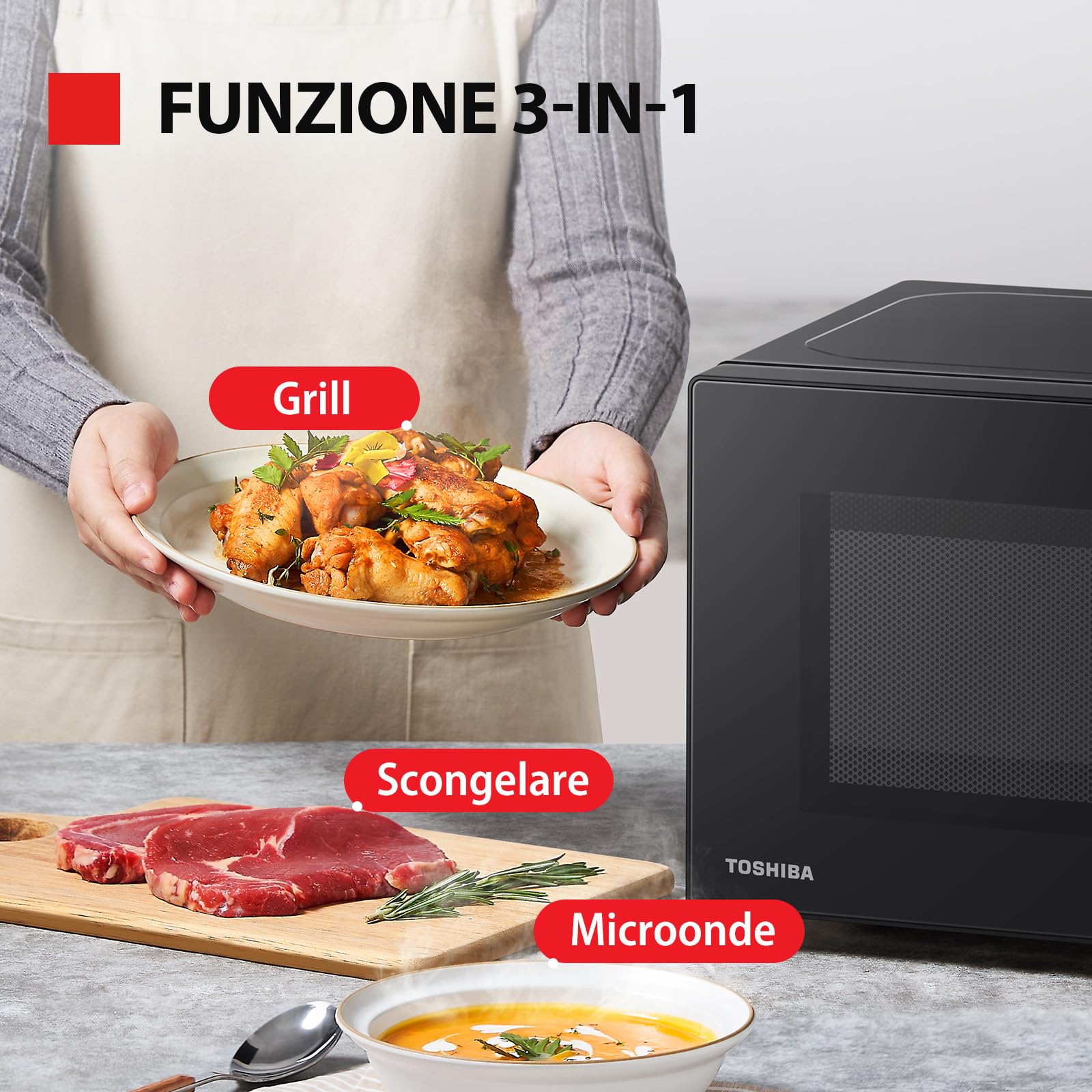 Toshiba MW2-MG20P(BK) 3-en-1 Four Micro-ondes Grill Combiné, 20 L, 5 Niveaux de Puissance Réglables, Minuteur, 800 W, Grill 1000 W, Noir