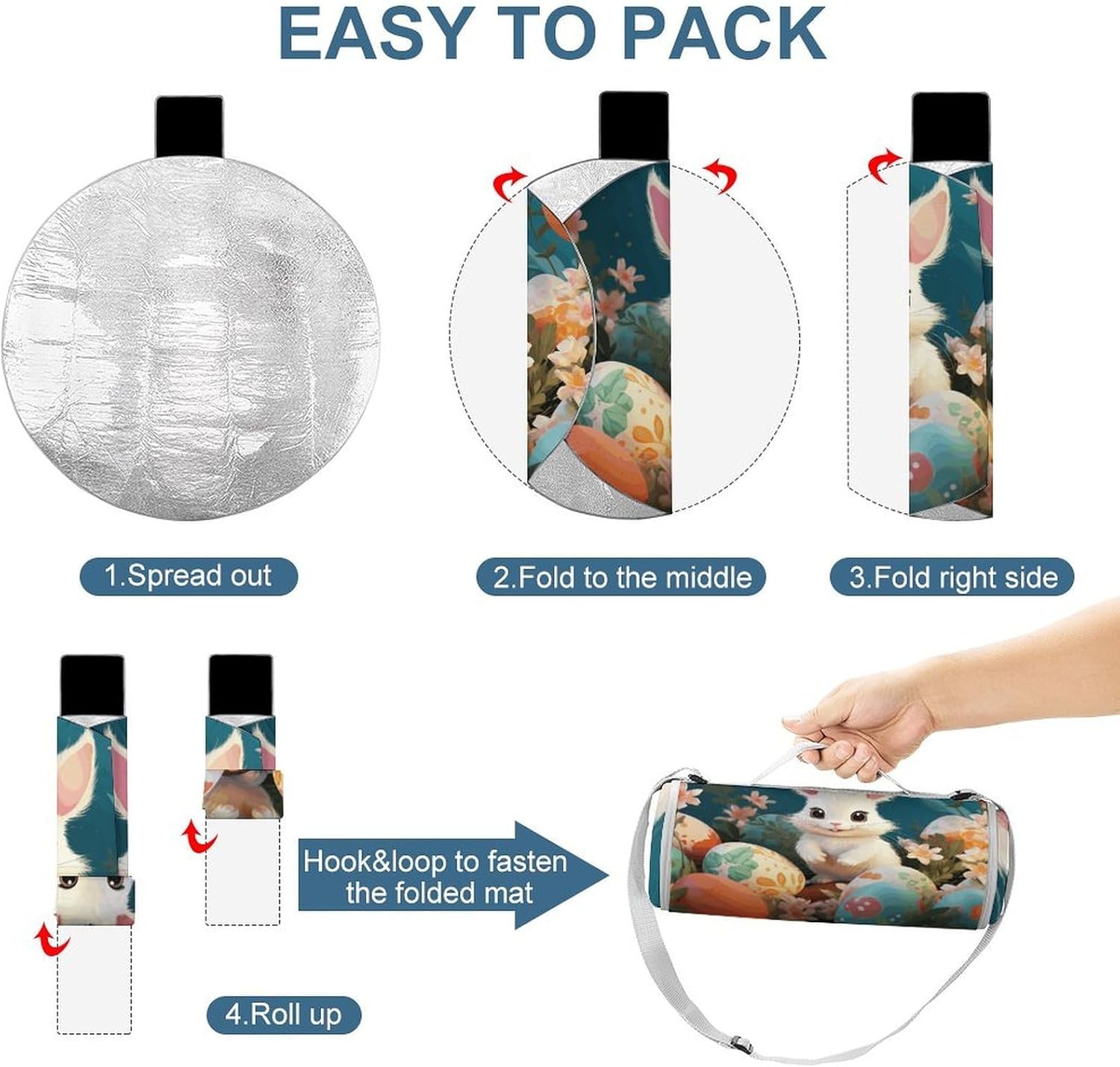Cute Easter Bunny Picnic Mat Lightweight Waterproof Picnic Blankets Extra Large Picnic Outdoor Blankets Foldable Sandproof Beach Blanket for Park Beach Camping Courtyard 58.3''x58.3''