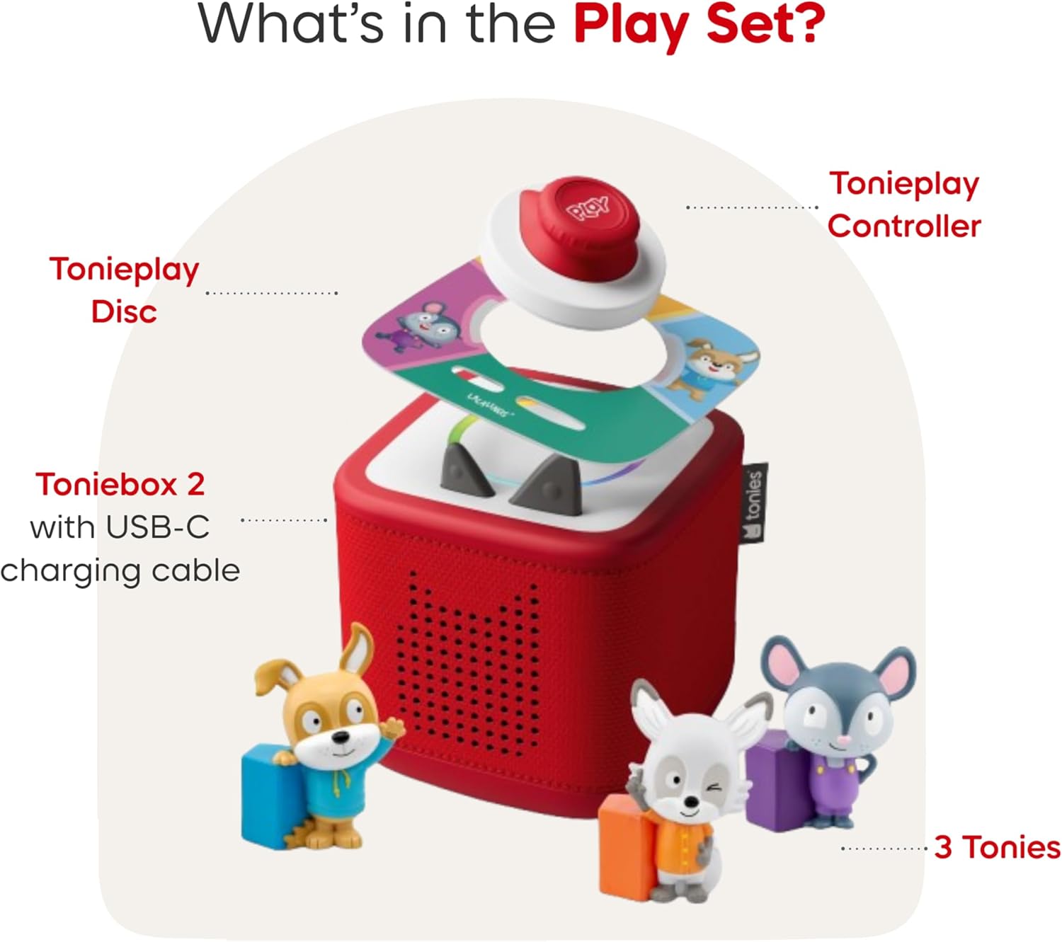 Toniebox 2 Audio Player Bundle for Kids 3+ with Lalalinos Akio, Cosmo, Scout Figurines and Tonieplay Game & Controller - Sunset Red