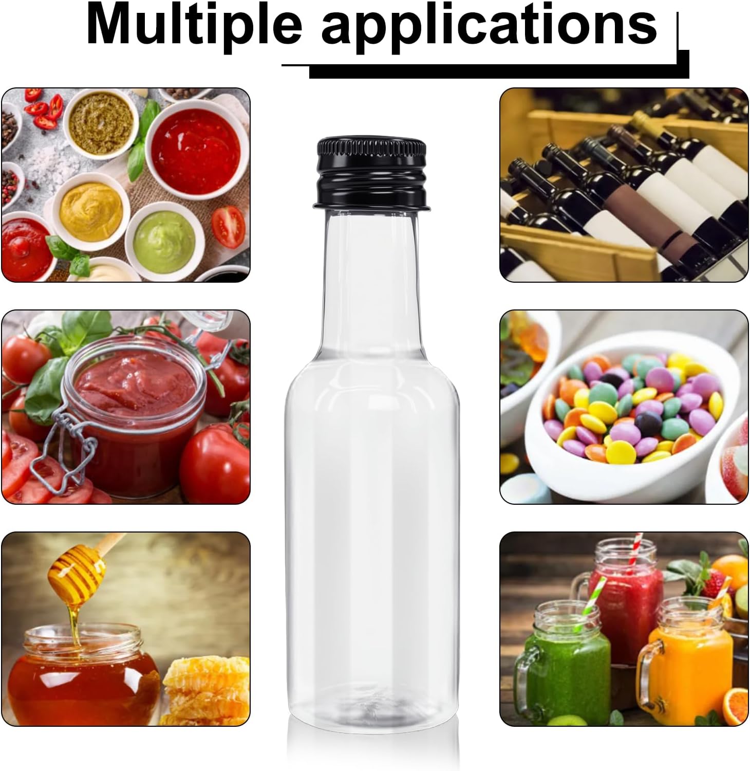 108 Pcs 1.7 oz Mini Liquor Bottles with Cap Plastic Small Salad Dressing Bottle Mini Shooter Alcohol Holders for Christmas Hot Sauce Wine (Black)