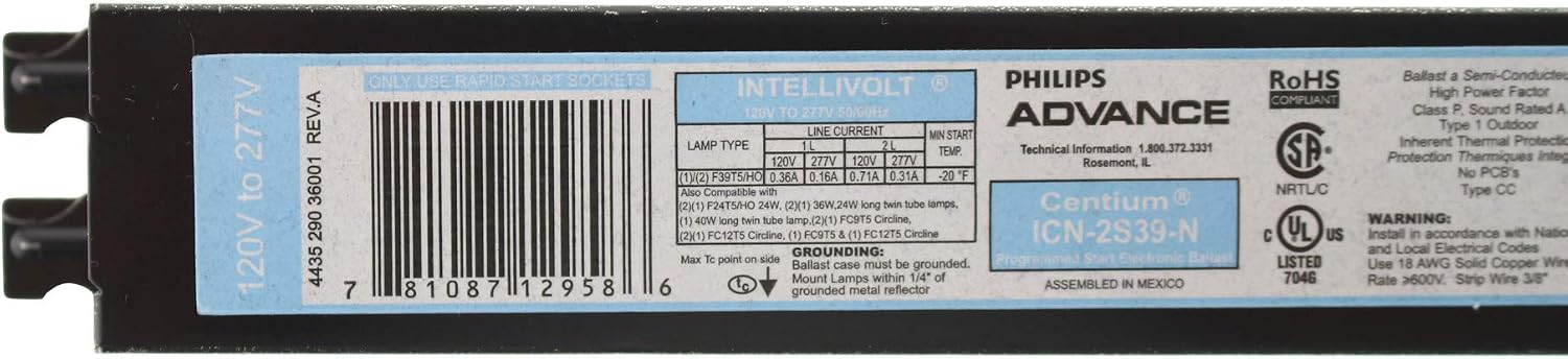 Advance ICN-2S39-N Fluorescent Ballast 2 Lamp F39 T5HO 39W 120/277V