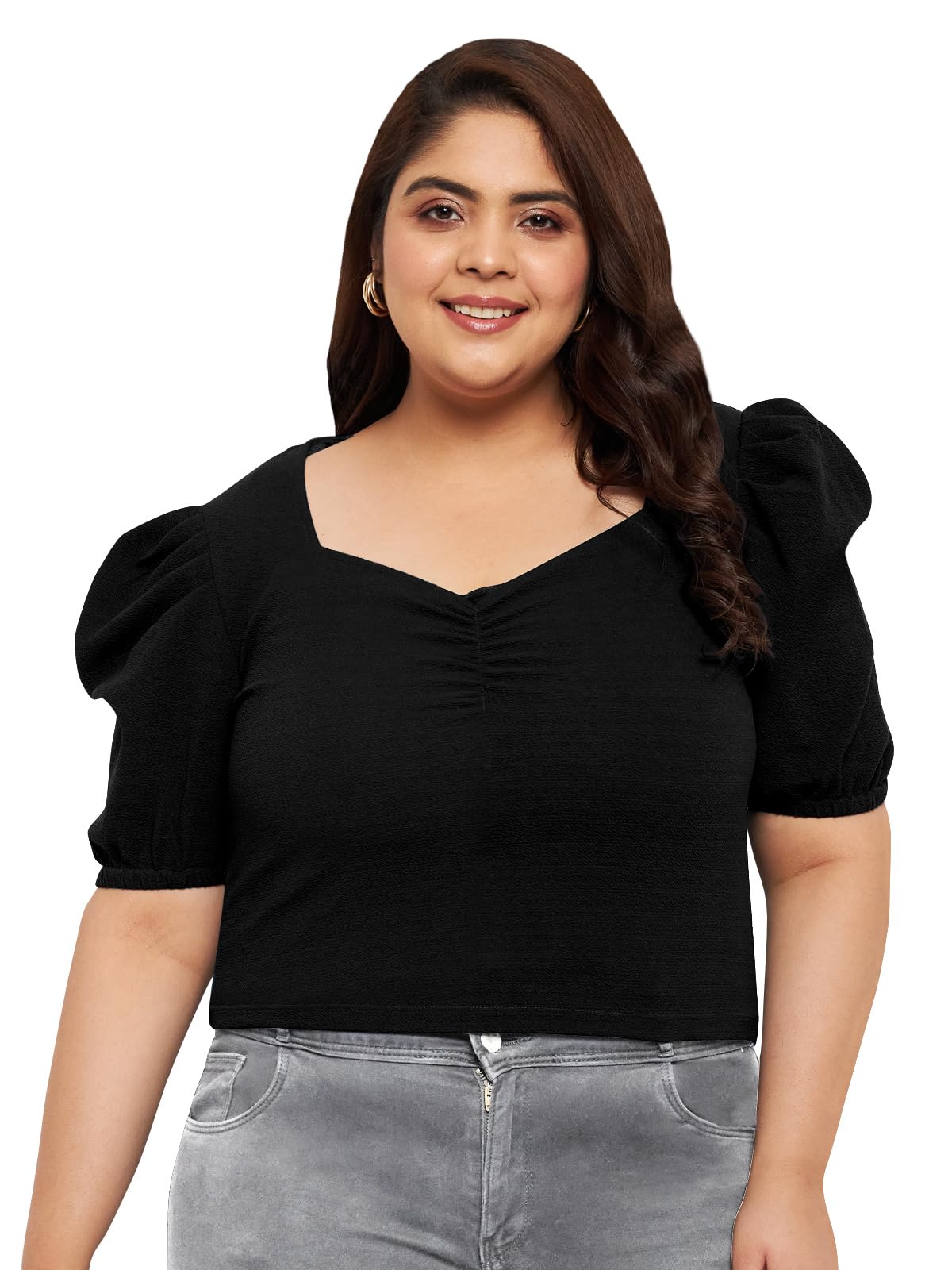 wild u Women Plus Size Top | Crop | Puff Sleeve | Stretchable | Western Stylish (Black - 3XL-10XL)-picture-6