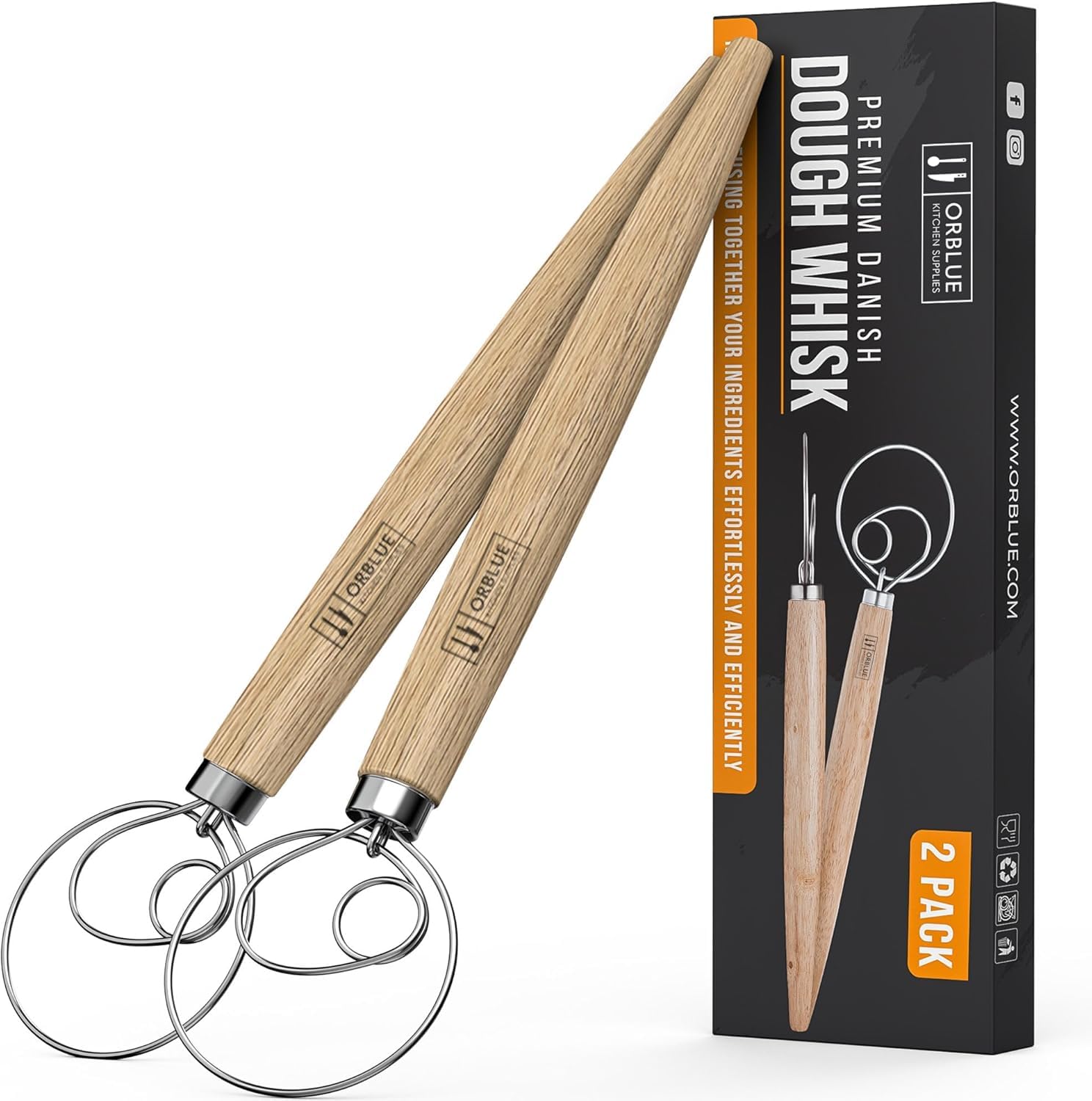ORBLUE Danish Dough Whisk with Wooden Handle – Stainless Steel Dutch Whisk for Sourdough, Bread and Pastry Mixing – 13-inch (33cm) Dough Mixer Tool – 2 Pack